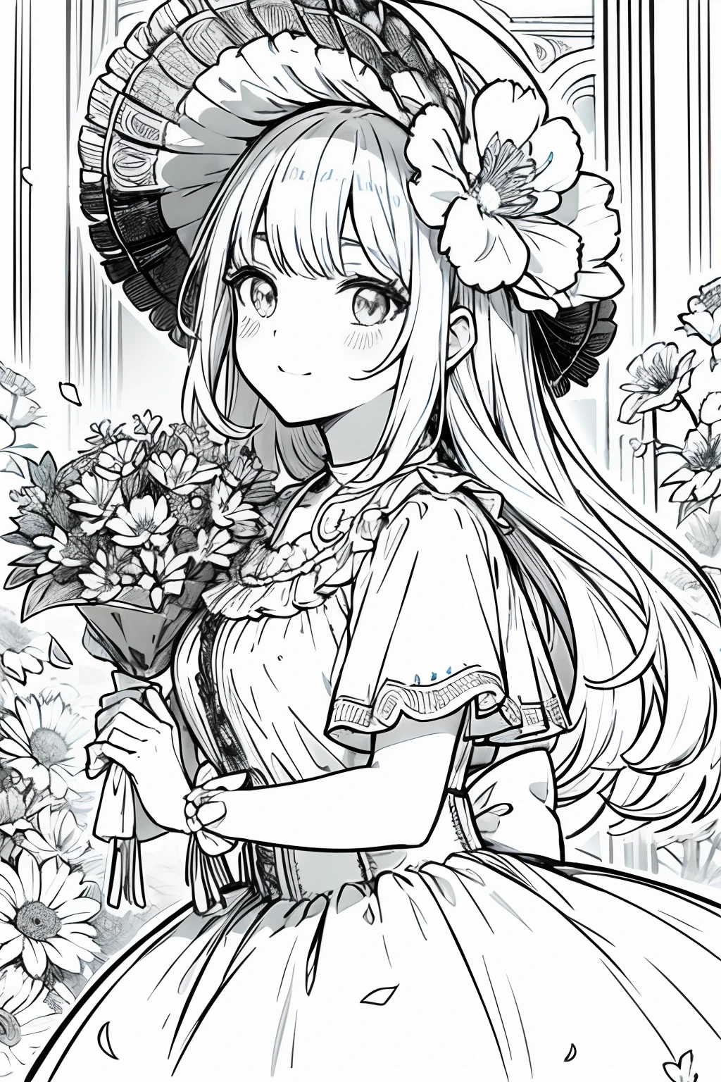 obra maestra, mejor calidad, 1 barbie, solo, cabello largo, mirando al espectador, sonrisa, flequillo, falda, camisa, mangas largas, sombrero, vestido, arco, participation, boca cerrada, flor, volantes, flor del cabello, flower petals, ramo de flores, Clamping flower, volantes centrales, hood, flower clamping bouquet, campo, flor, campo, lineart, monocromo,