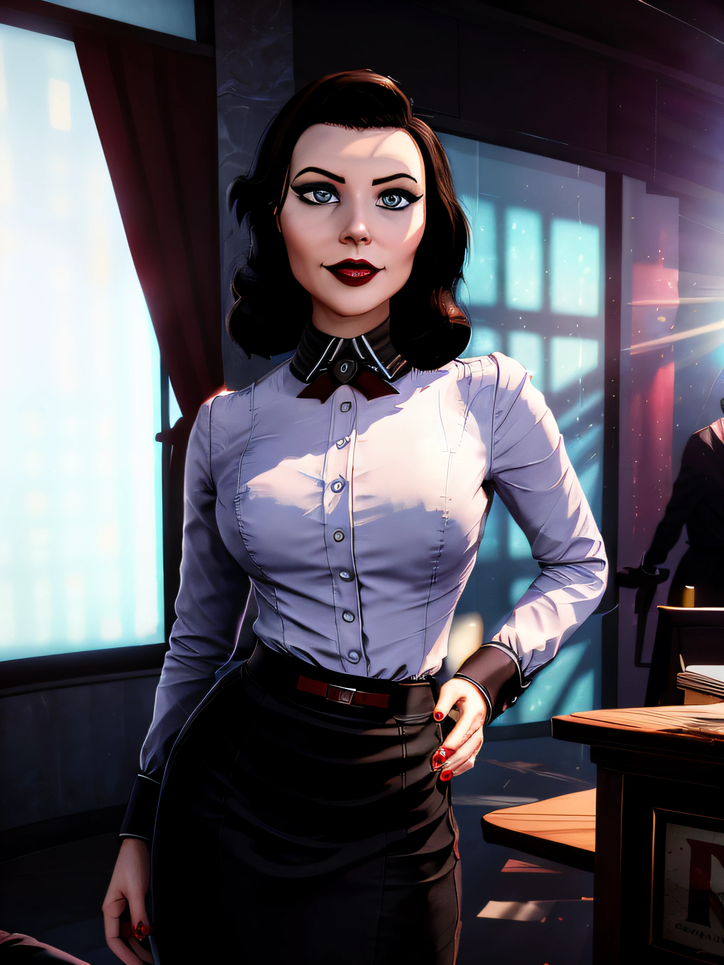 Elizabeth comstock, Portrait, smiling a viewer, (dessous), red lipstick, at detectives office, noire (8k, RAW photo, best quality, masterpiece:1.2),ultra-detailed, (high detailed skin:1.2), 8k uhd, dslr, soft lighting, high quality, fully clothed, shirt, skirt, 1 girl,