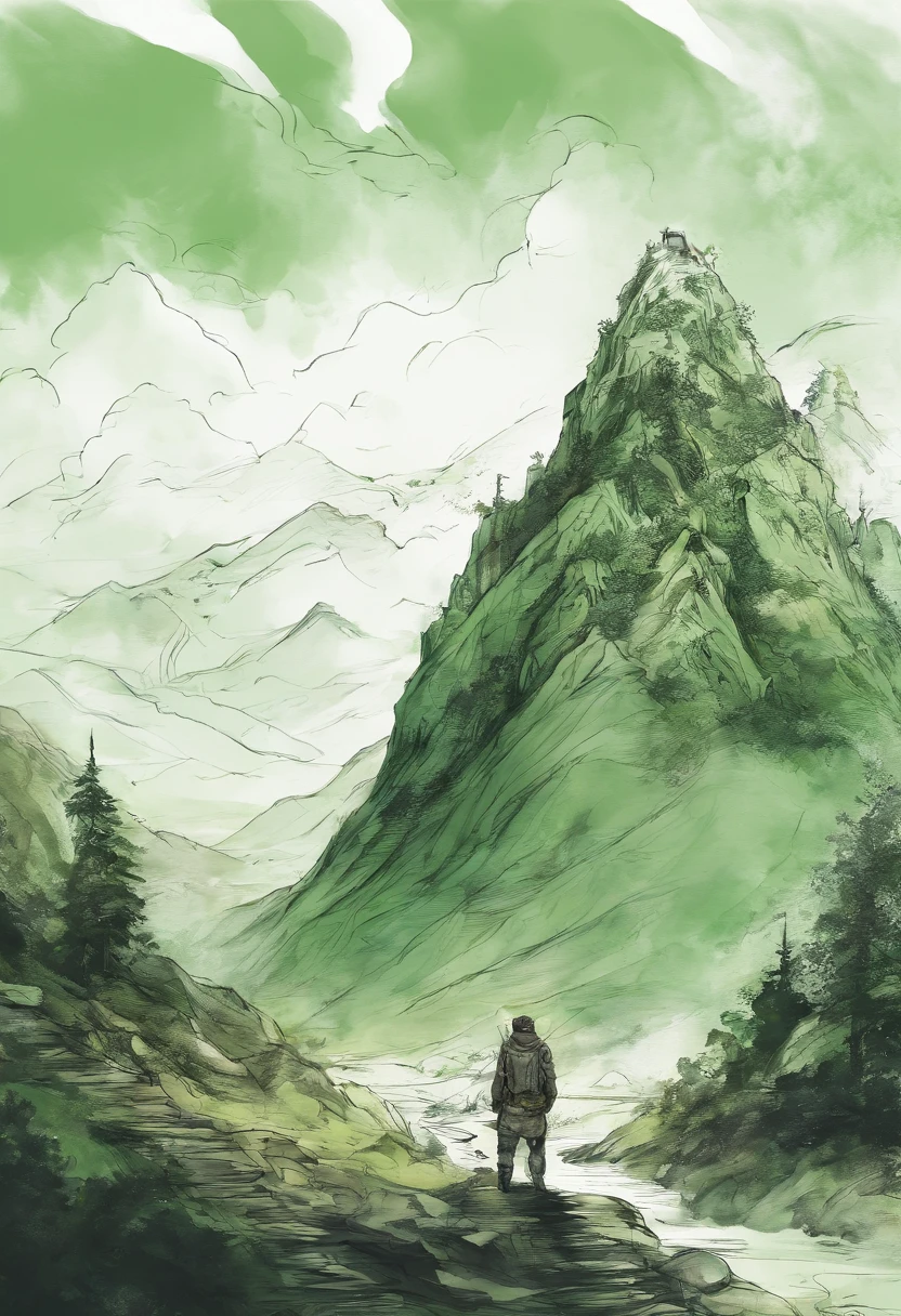 A mountain like a tiger,ink and watercolor painting,green color