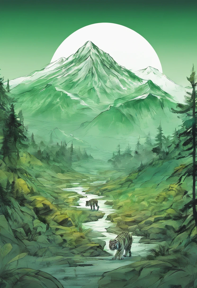 A mountain like a tiger,ink and watercolor painting,green color