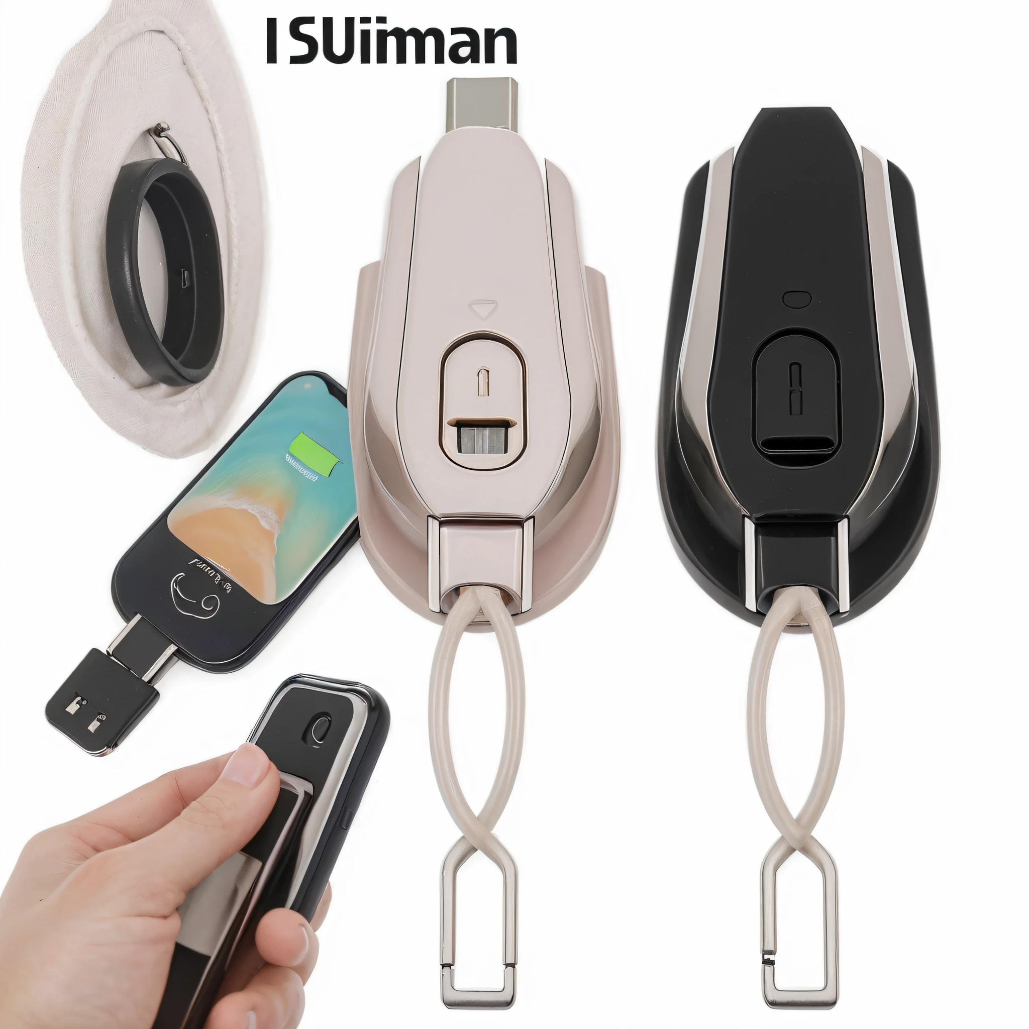 A imagem deve mostrar um pequeno, Round charger that is attached to a keychain. O carregador deve ser de cor branca e ter um elegante, design moderno. O carregador deve ter uma porta USB-C de um lado e uma porta Lightning do outro lado. The image must not include any of the following: * distortions: The image should be free of distortion, as deformation, Borrar, or pixelização. * Outros objetos: A imagem deve focar apenas no carregador. A imagem deve ser iluminada de forma a destacar o carregador. A luz deve ser difusa e suave, criando um visual profissional. The image should be taken from an angle that shows the charger in its entirety.