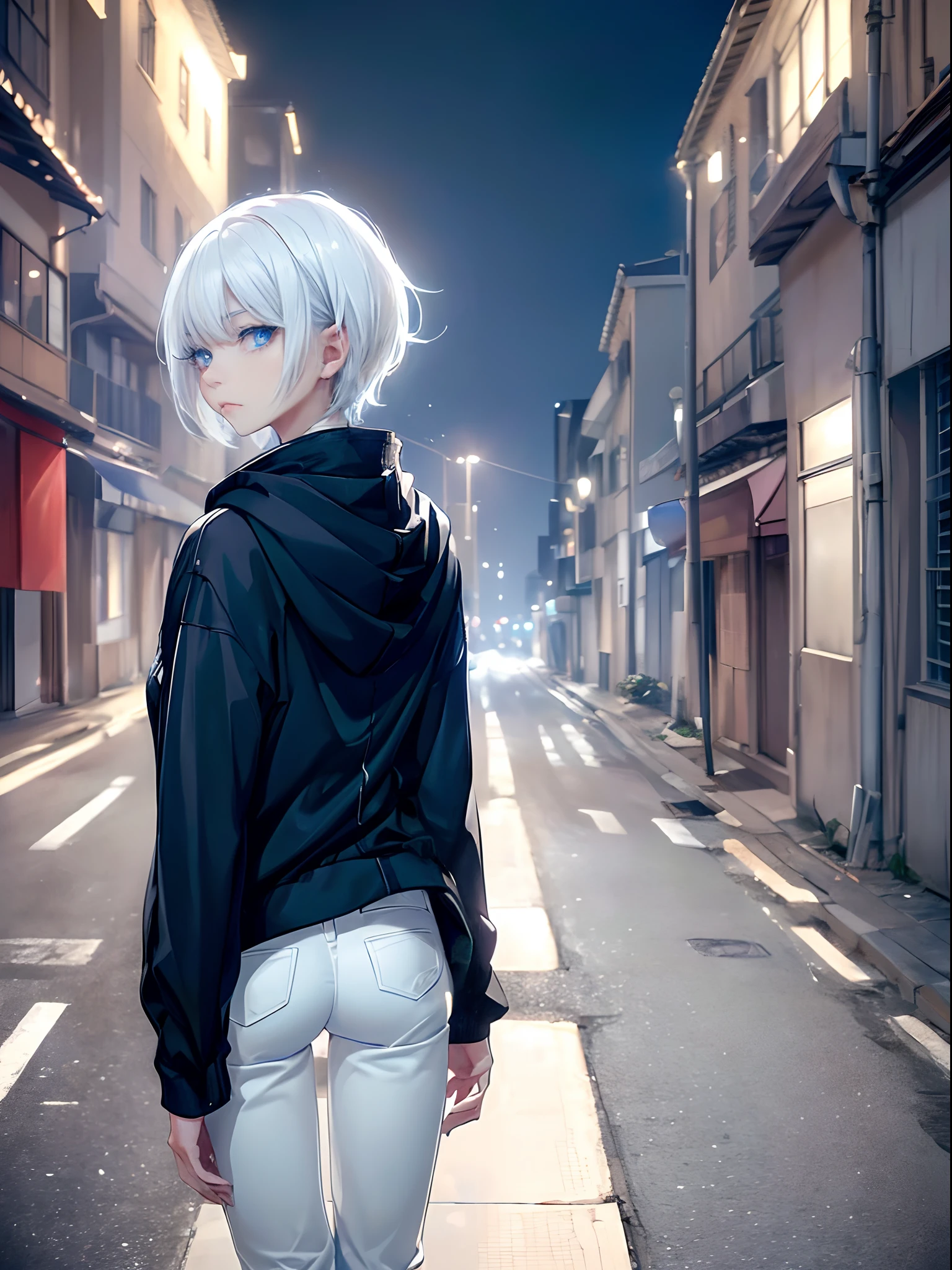 ((4K works))、masterpiece、(top-quality)、One Beautiful Girl、Slim body、tall、((Black Y-shirt and white pants、Charming street style))、Please wear one jacket、Wearing a hood to hide his face、(Detailed beautiful eyes)、Midnight Walk、During the walk、Walking under a dark sky、saddened、suffocating、desolate、solitude、unhappy、((Face similar to Carly Rae Jepsen))、((Short-haired white hair))、((Smaller face))、((Neutral face))、((Bright blue eyes))、((American adult women))、((Adult female 26 years old))、((cool lady))、((Like a celebrity))、((Korean Makeup))、((elongated and sharp eyes))、((Happy dating))、((boyish))、Professional Photos、((Shot alone))、((He is on a walk))、((He is walking in front of the viewer))、((shot from back))、((Shot so that the back of the head is visible))