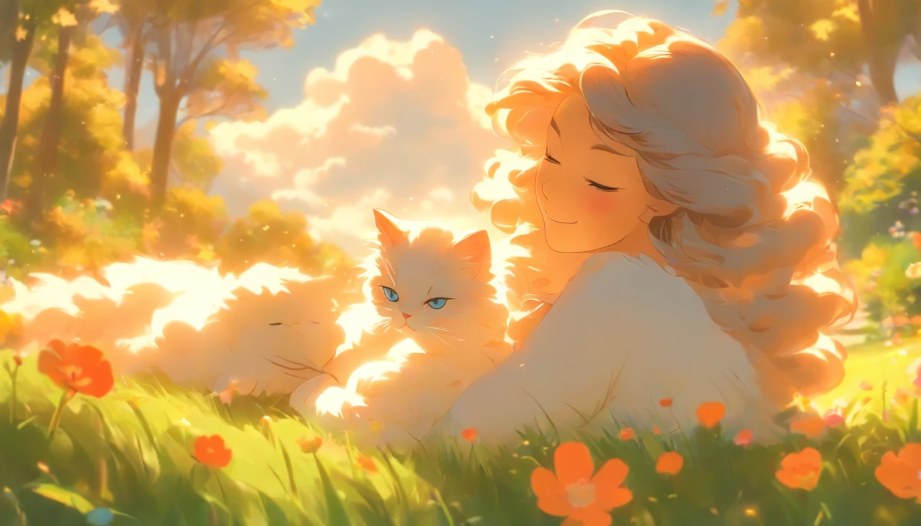 A close up of a woman holding a cat in a field of flowers - SeaArt AI
