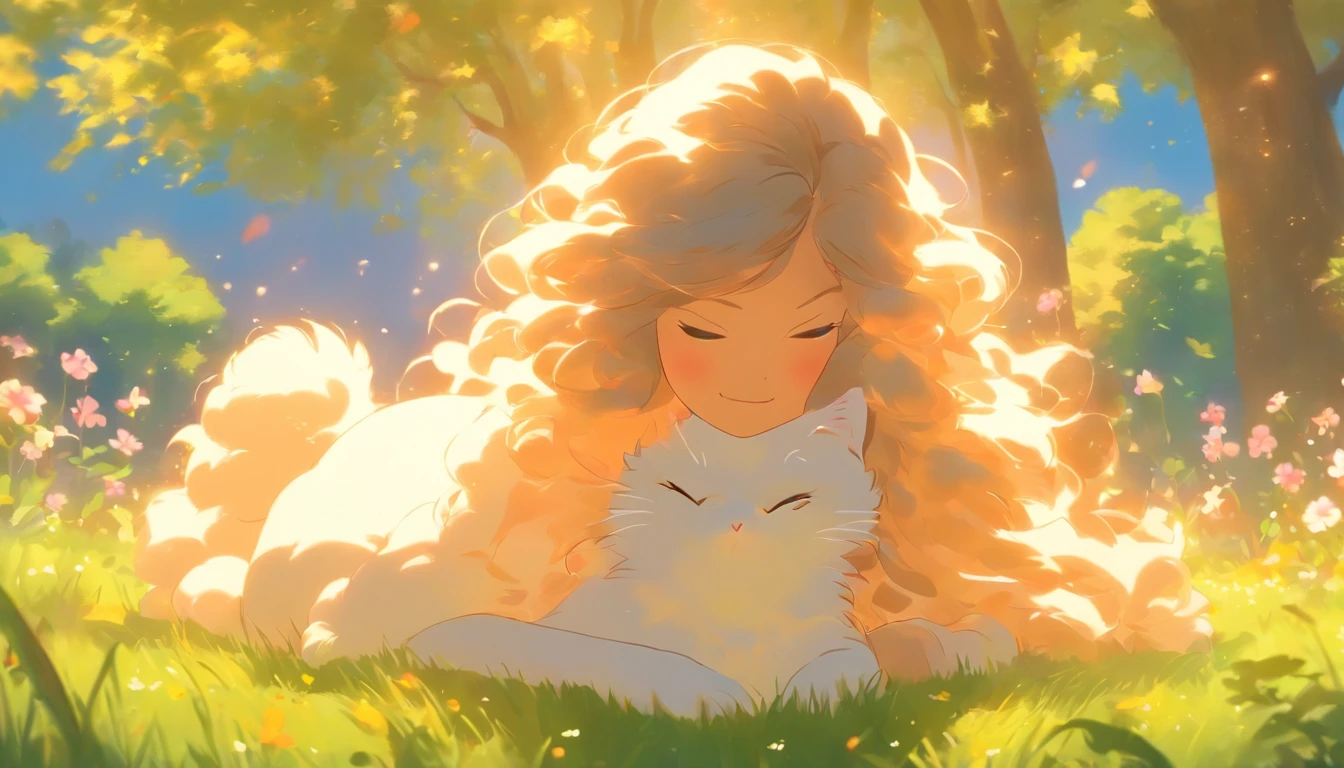 A full body backshot of a beautiful girl in a park with her cat, bathed in the warm sunlight. [Oil painting, vivid colors, highres, ultra-detailed] The girl has long flowing hair cascading down her back, and she wears a vibrant floral dress that reflects the colors of the blooming flowers around her. She has a gentle smile on her face as she gently strokes her cat, which is a fluffy, white Persian cat with striking blue eyes. The cat is sitting contently in her arms, enjoying the peaceful ambiance of the park. The park itself is filled with lush green grass, towering trees, and colorful flowers in full bloom. The sky above is a clear, bright blue, with fluffy white clouds floating gently by. The sunlight filters through the trees, creating beautiful dappling patterns on the girl's hair and the grass. The scene is filled with tranquility and the joy of being surrounded by nature.