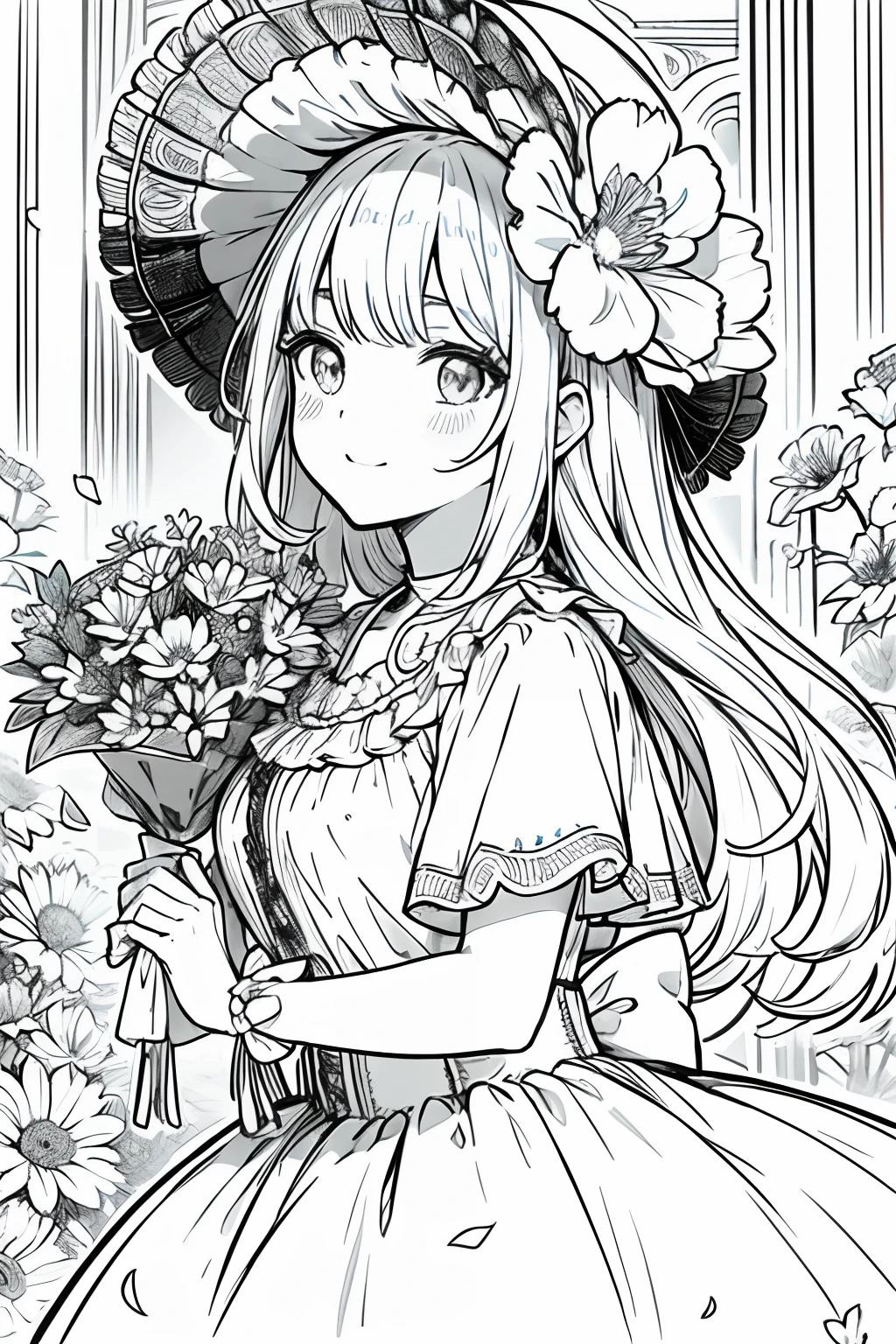 obra maestra, mejor calidad, 1 barbie, solo, cabello largo, mirando al espectador, sonrisa, flequillo, falda, camisa, mangas largas, sombrero, vestido, arco, participation, boca cerrada, flor, volantes, flor del cabello, flower petals, ramo de flores, Clamping flower, volantes centrales, hood, flower clamping bouquet, campo, flor, campo, lineart, monocromo,