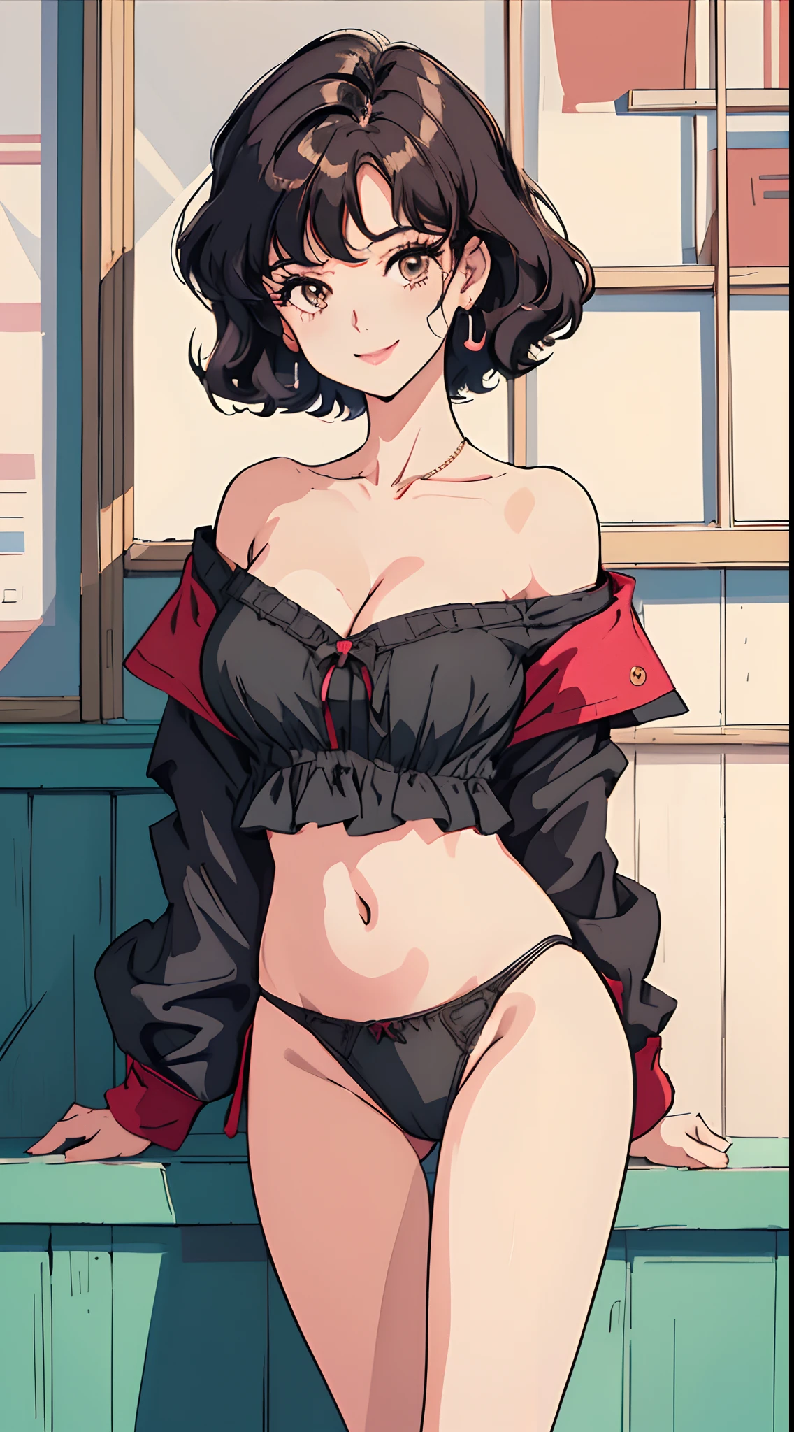 (Best quality, Masterpiece, A high resolution),1girll,nabel,underdressing,pantiess,nakeness,naked leg,underdressing,brassiere,Thong panties,Close-up shot,Super large breasts,Off-the-shoulder attire,cleavage,Solo,Short hair,Wavy hair,Smile,