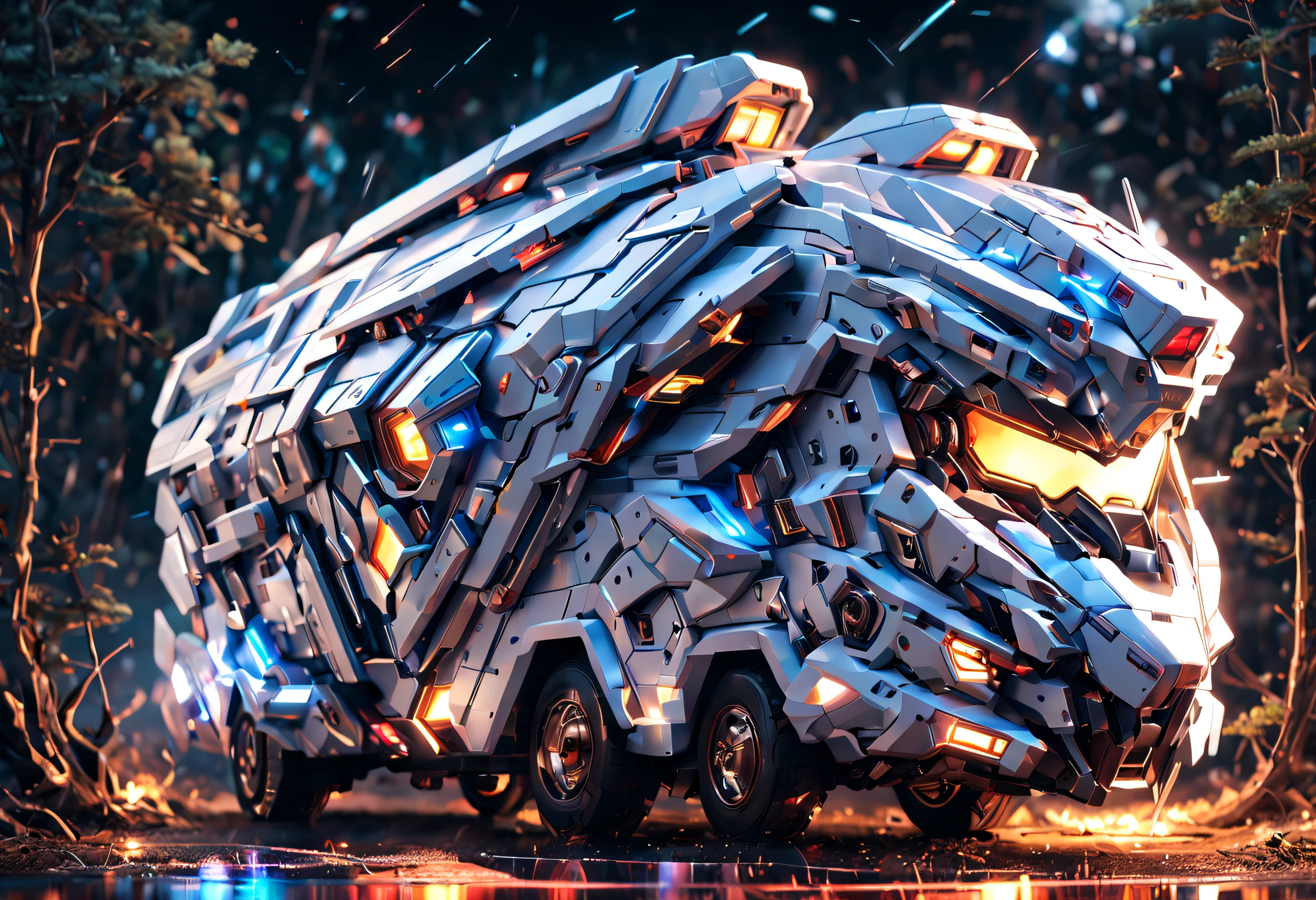 （Long-range shooting），1 sci-fi motorhome,(1 complex magic RV made from Gundam mechs，The head of the RV is engraved with the head of the Gundam mech，The entire motorhome is made of titanium and white plastic，Sci-fi from start to finish，Details with a metallic icy texture，Future mechanical technology process made，metallic  luster，Cold mechanical vehicle with beautiful lines), (cozily，camping，camp，tenten，bonfires)，vivd colour, Fantasy mythology ancient site background, Front light，Masterpiece, concept-art, Fantasy theme,voluminetric lighting, Global illumination, Reflection, hyper HD，The light is bright，RGB colors，vibrant with colors