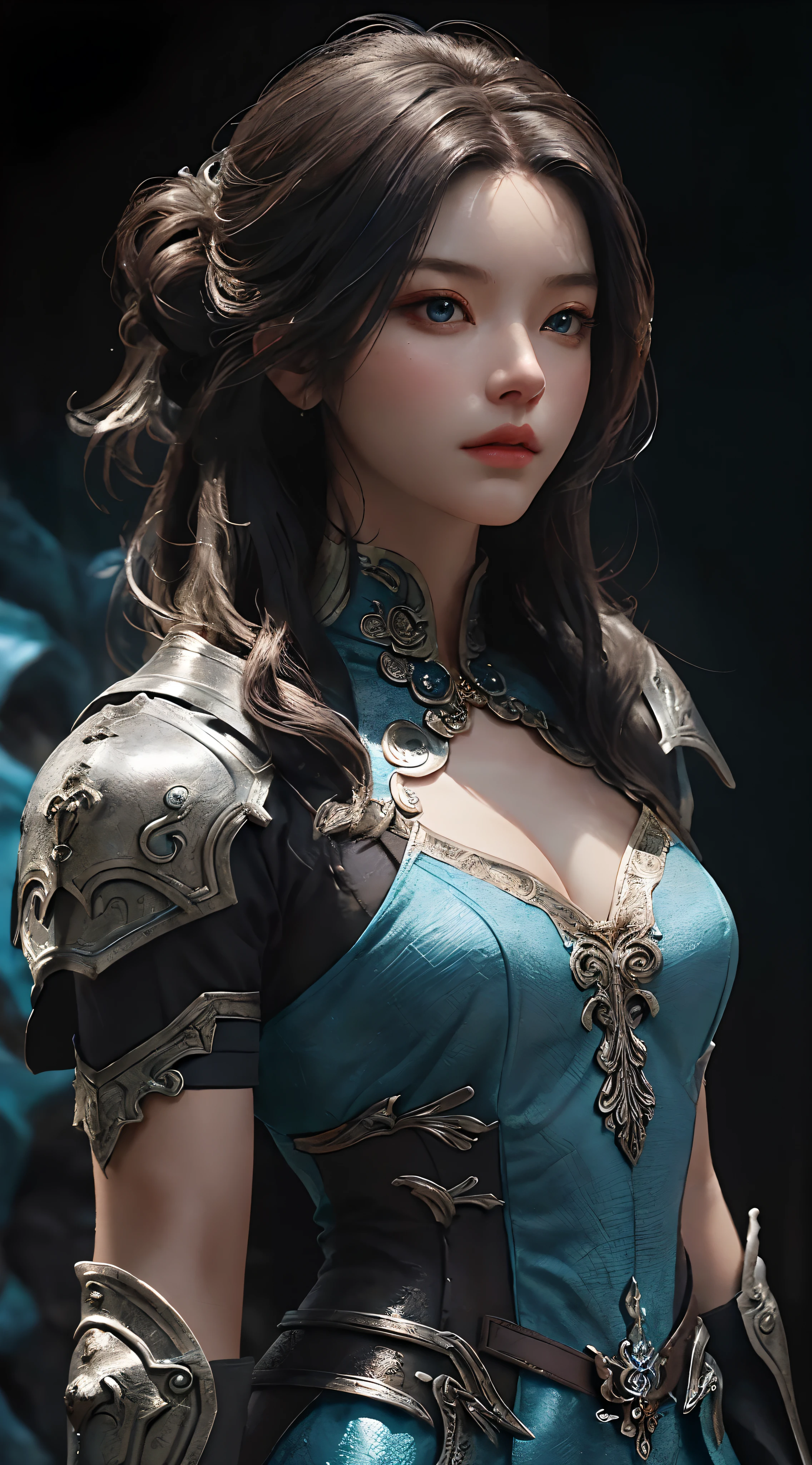 a woman in a blue dress, realistic Art Station, hard raining scene, Detailed Fantasy Art, Stunning Character Art, beautiful Exquisite Character Art, Beautiful black Armor, Extremely Detailed, blue armor Girl, Exquisite Intricate Headdress and Jewelry, whole body capture