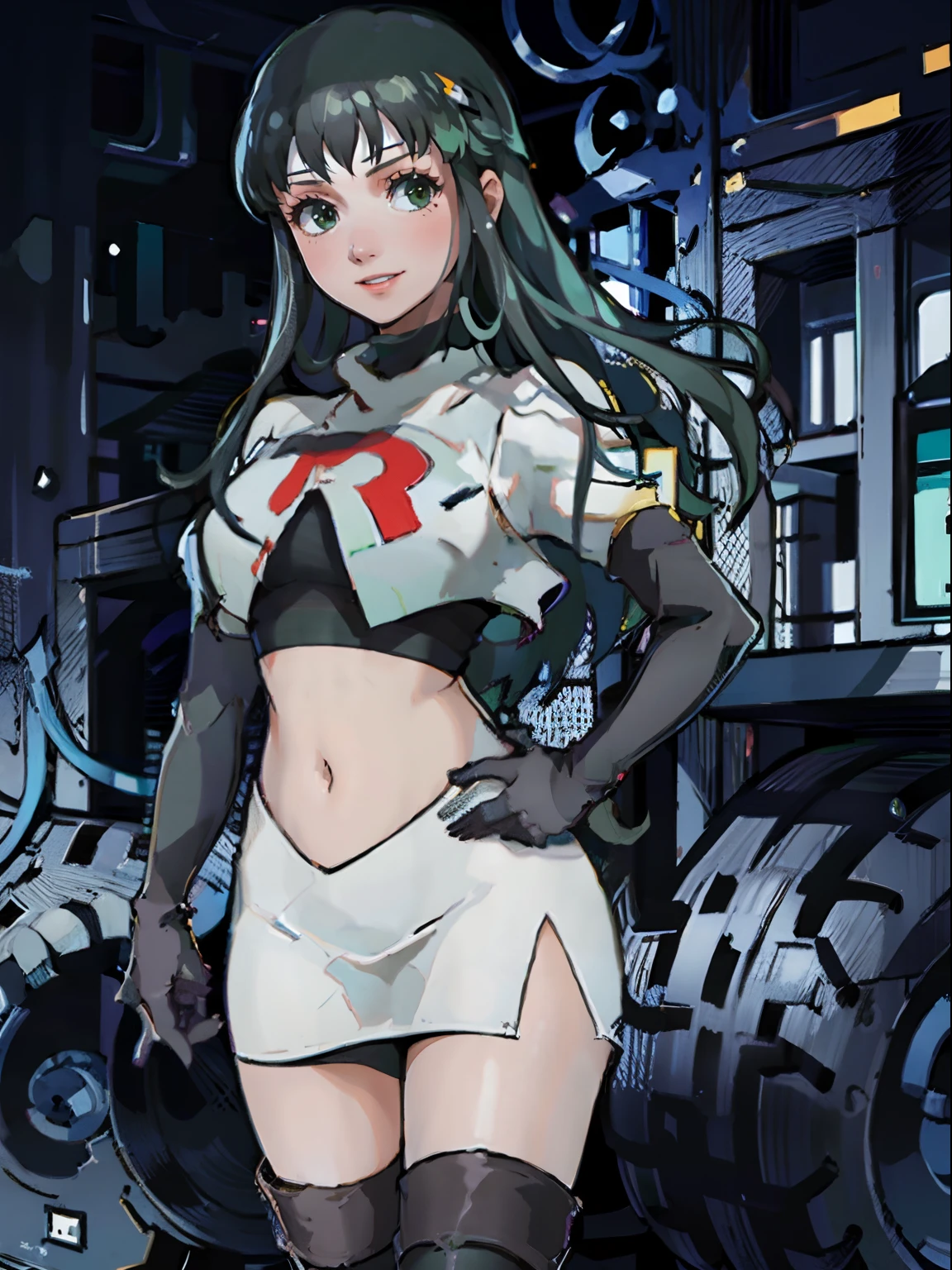 face of palla_echoes,1girl,team rocket,team rocket uniform, red letter R, white skirt,white crop top,black thigh-highs,black elbow gloves, evil smile, hands on hips