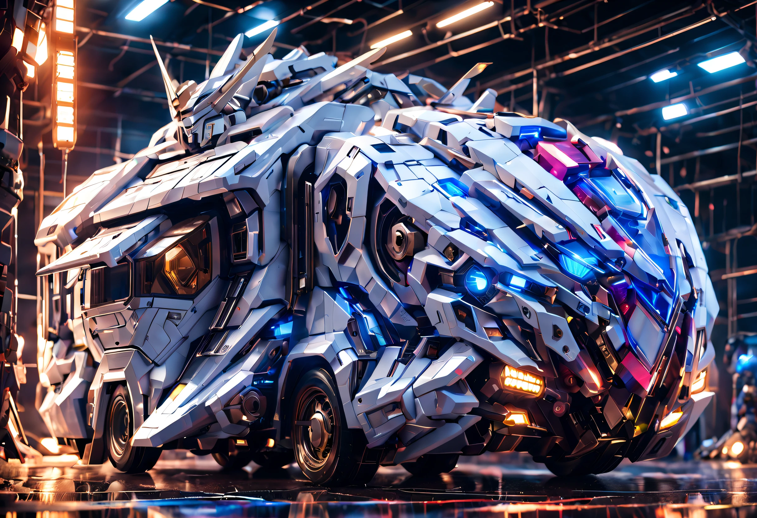（Long-range shooting），1 sci-fi motorhome,(1 complex magic RV made from Gundam mechs，The head of the RV is engraved with the head of the Gundam mech，The entire motorhome is made of titanium and white plastic，Sci-fi from start to finish，Details with a metallic icy texture，Future mechanical technology process made，metallic  luster，Cold mechanical vehicle with beautiful lines), (cozily，camping，camp，tenten，bonfires)，vivd colour, Fantasy mythology ancient site background, Front light，Masterpiece, concept-art, Fantasy theme,voluminetric lighting, Global illumination, Reflection, hyper HD，The light is bright，RGB colors，vibrant with colors