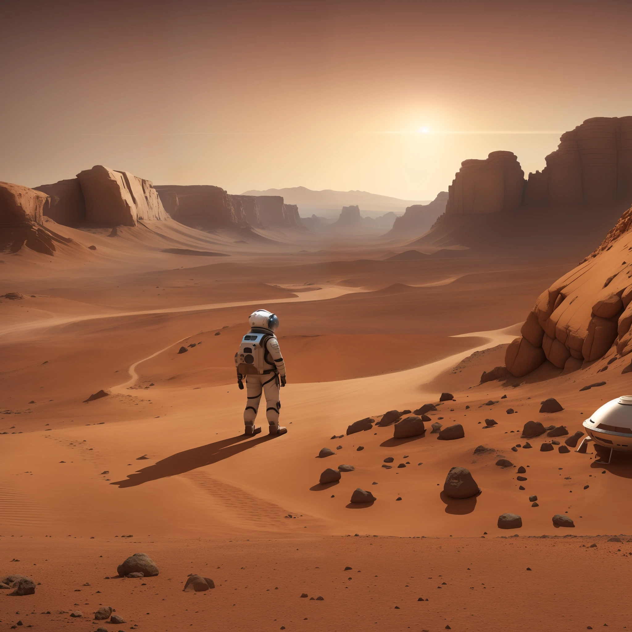 (best quality,4k,8k,highres,masterpiece:1.2),ultra-detailed,(realistic,photorealistic,photo-realistic:1.37),martian walking in the desert with a spaceship in the background,standing on a martian landscape,on the surface of mars,overlooking martian landscape,on a remote desert planet,on the orange surface of mars, astronaut stranded on planet,mars landscape,american soldiers invaded mars, martian landscape,on a desert planet,stunning alien landscape,award-winning sci-fi,illustration,extraterrestrial terrain,majestic sand dunes,alien vegetation,unique flora and fauna,(dusty atmosphere:1.1),(sandy ground:1.1),(crimson sky:1.1),(harsh sunlight:1.1),dramatic lighting,spaceship emerging from the horizon,futuristic design,advanced technology,metallic structure,hovering above the ground,remote control panel,detailed control buttons,exploration equipment,dusty footprints,mars rover in the distance,barren and desolate environment,otherworldly experience,single astronaut in a spacesuit,tall and slender figure,(crimson eyes:1.1),(resolute expression:1.1),standing with confidence,(determined pose:1.1),gazing into the distance,feeling the vastness of the landscape,the sensation of being alone in a foreign world,rock formations in various shapes,mysterious aura,scientific mission,(excitement:0.9),(hope:0.9),(tension:0.9),(sense of discovery:0.9),hazy horizon,atmospheric perspective,subtle color gradients,sand swirling in the wind,dramatic sense of scale,concept art,outer space exploration,technology advancements,unforgettable adventure.