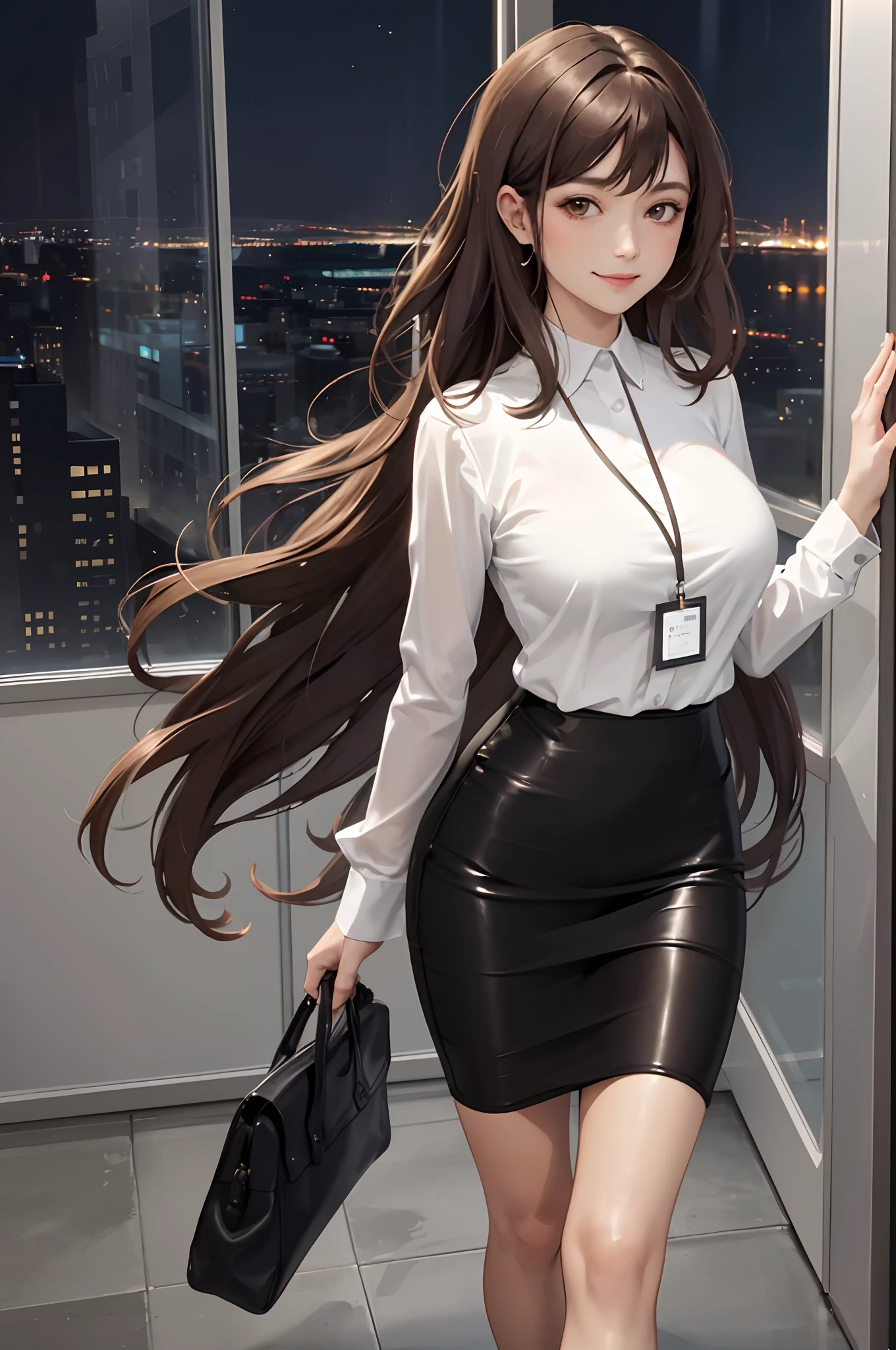 1lady solo, taking a walk along the hallway, /(luxury silk shirt pencil skirt/) /(id card lanyard/), /(brown hair/) bangs, kind smile, (masterpiece best quality:1.2) delicate illustration ultra-detailed, large breasts arms down, pantyhose BREAK /(modern office/), /(window skyscraper night/)