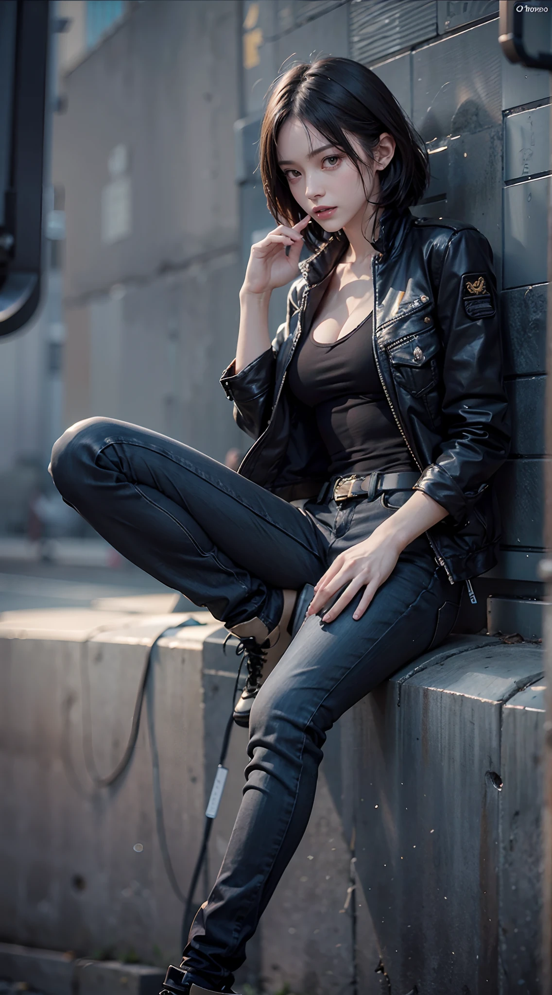 Military jacket, Black Long Skinny Jeans, damage jeans, smoking tobacco, crouching down, (The FW), 1womanl, 独奏, 24 year old, 7headed body, (Ideal ratio body proportions), (Composition from head to thigh), erectile nipple, Sexy body, Wet, short-hair, A dark-haired, small tits, A slender, Small buttocks, beauty legs, Skinny Legs, surrealism, Cinematic lighting, depth of fields, One-person viewpoint, F/1.8, 135 mm, nffsw, masutepiece, ccurate, ((Anatomically correct)), Textured skin, Super Detail, high details, High quality, awardwinning, Best Quality, hight resolution, 8K