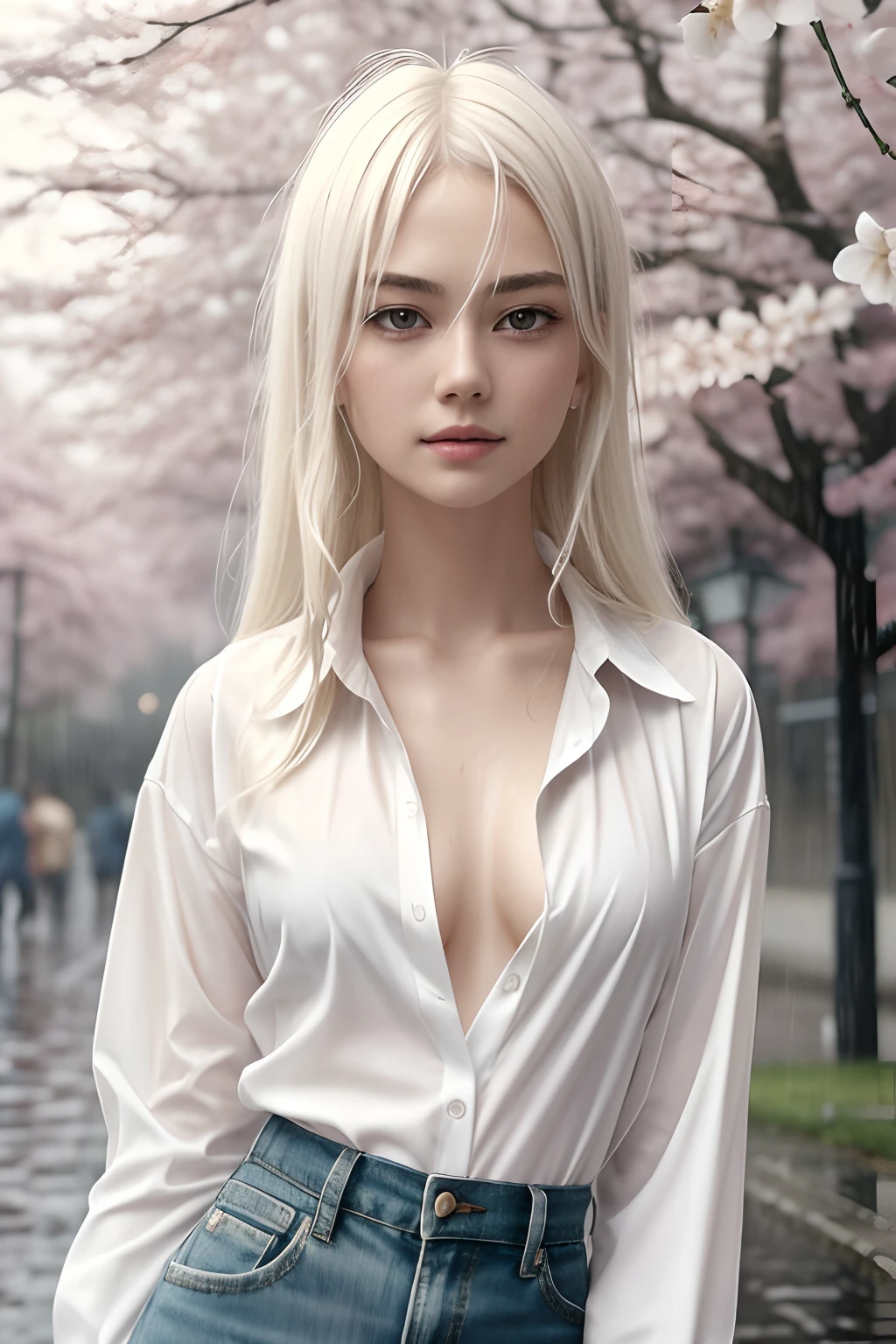 1girl in, 19, Solo, Aesthetic artwork, platinum blonde hair, long straight hair, detailed hair, full c cup breasts, c-cup, slender body, Full body, detailed skin texture, (no bra) (Small and beautiful hard nipple) (Thin and damp button up to shirt length: 1.1), (White shirt wet by rain), (Rain, Street: 1.2), Wet body: 1.1, Highly detailed face and skin texture, standing by, cherry blossom tree, (extremely detailed 8k wallpaper), soft lighting, high quality, film grain, Fujifilm XT3 sharp focus, f 5.6, 50mm, High Detail, Sharp focus,(natural light), (seductive), Realistic, ultra realistic, photo realistic