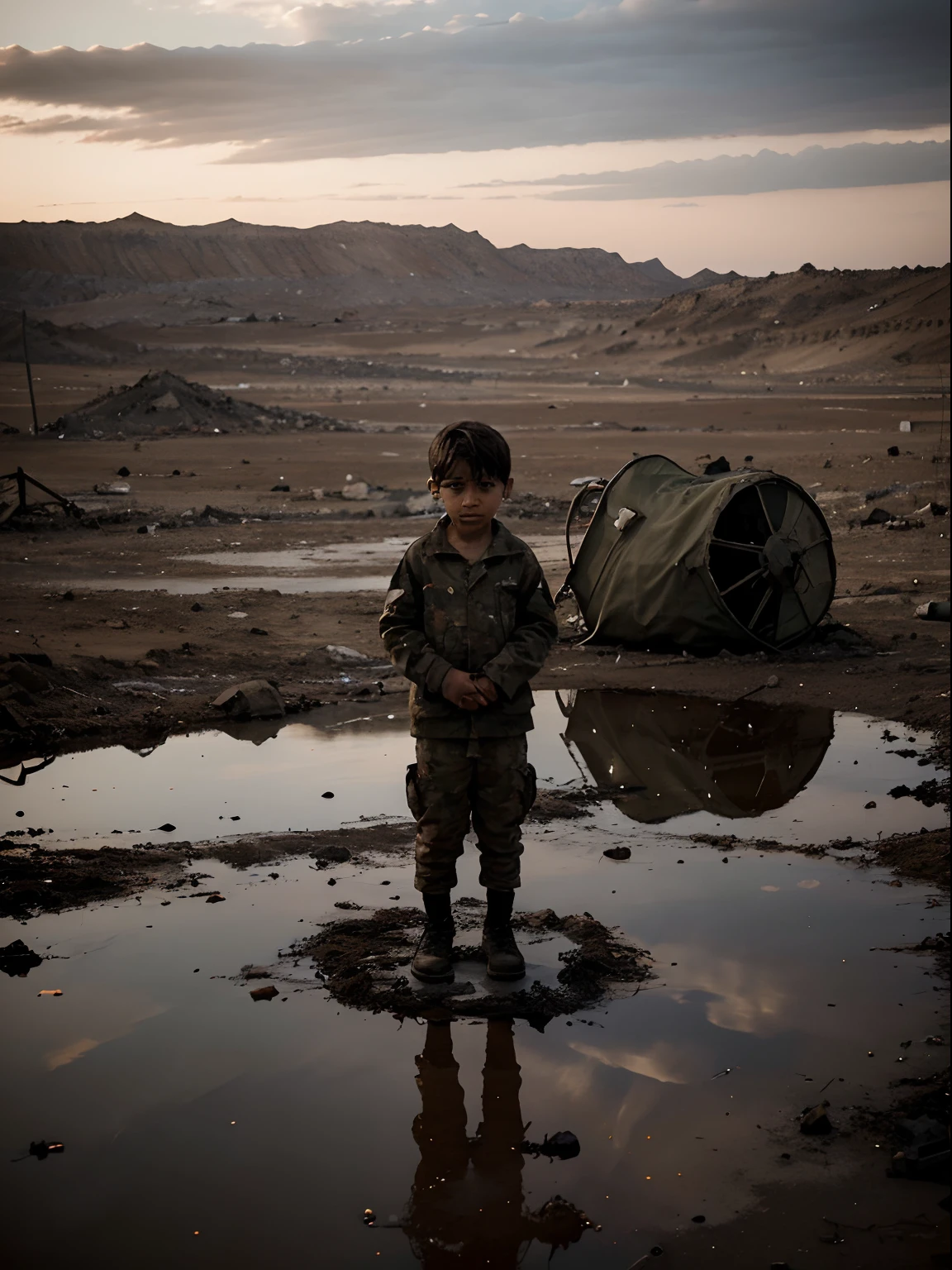 war scenes, of desolate children in the midst of a war scene, reflecting the terror of war with bombed locations, dark and desolate landscape