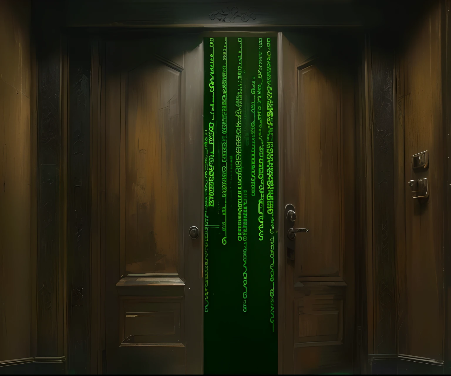 there is a door with a green code on it in a room, welcome to the matrix, matrix code, green matrix code, matrix style, in matrix, matrix text, matrix, trinity from the matrix, in the new matrix movie, like matrix, matrix film pinterest color, matrix theme, in the matrix, wires from the matrix movie,8K,Professional photography, high resolution, high analysis,