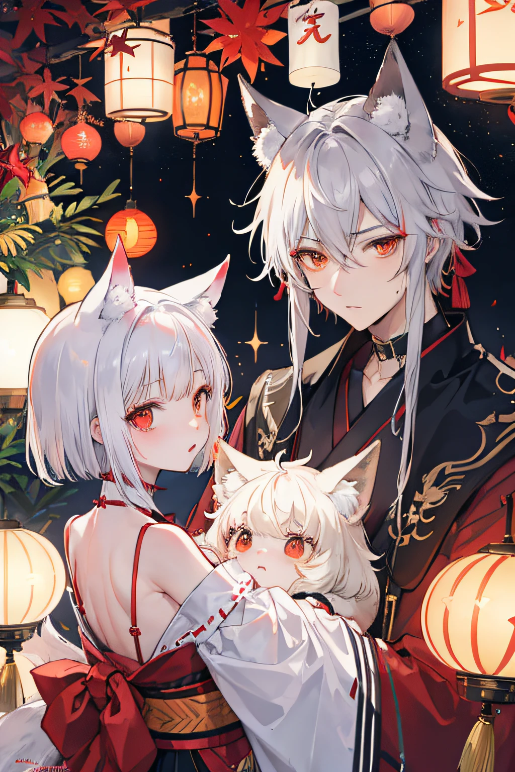 (((Two men)))、man of 30 years old、 Man with short hair in red and gold gradient、Silver-haired long-haired man, Golden Eyes, Fox ears、fluffy fox tail、red blush、Conspiracy look、foliage、Short hair stylist, Provocative facial expressions、Kimono、Hakama、deadpan、broad shoulders、 scarred、folding fan、Night shrine, Fireball、firefly, Orange lamp,amaryllis、starrysky