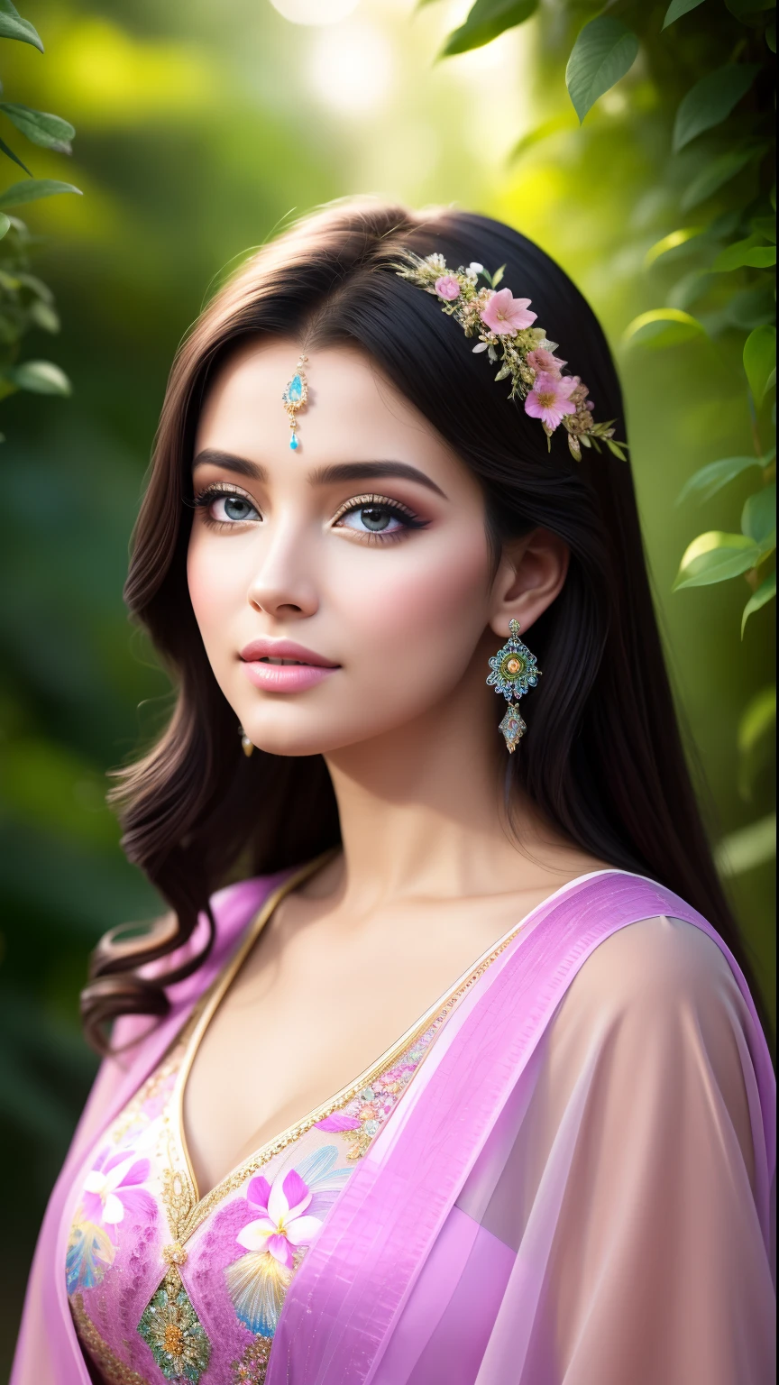 Makeup artists do makeup for celebrities,(Masterpiece:1.2), Best Quality, Masterpiece, hight resolution, Original, extremely detailed wallpaper, perfect lighting,(extremely detailed CGI:1.2),,Beautiful girl in a quaint garden, surrounded by bright flowers and lush greenery. Her eyes are mesmerizing, with a touch of mystery and depth. Sunlight penetrates through the trees, casting a soft and unearthly glow on her long flowing hair. She has a serene expression on her face, Exuding elegance and grace. The refinement of her features, For example, wide-open eyes and soft pink lips, Add charm to it. She is dressed in a flowing dress, Decorated with intricate floral patterns, Reflecting the surrounding nature. The atmosphere is filled with a sense of magic and tranquility, And colorful butterflies flutter gracefully around it. The scene was shot in the format (Best Quality, 4k, hight resolution: 1.2), For full reproduction of intricate details and vibrant colours. Soft and dreamy lighting enhances the fairytale atmosphere of the stunning garden.((Film grain, bokeh, light particles ,Dust, Extreme camera angle))