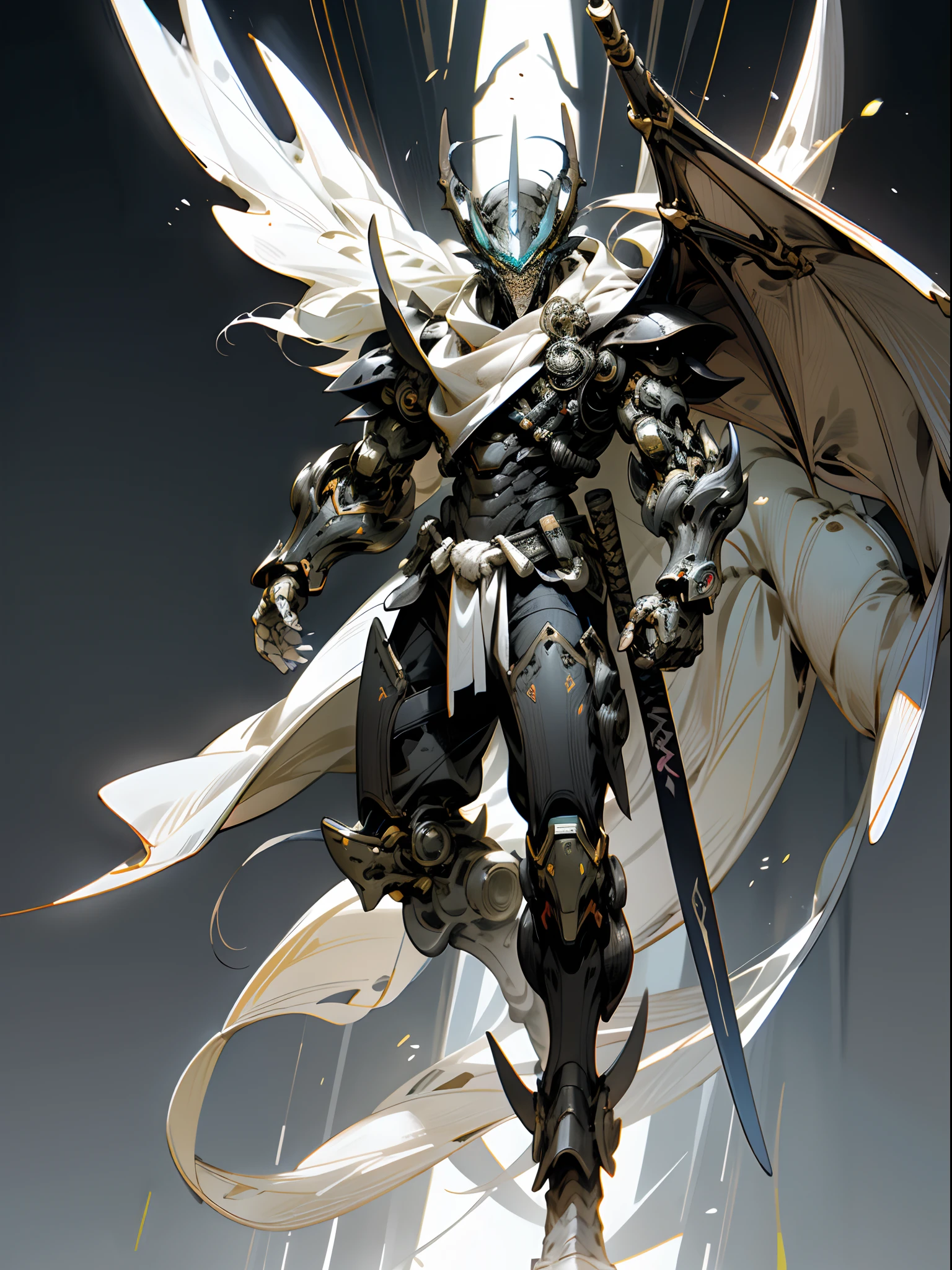 Dim background,fantasy,Cyberpunk,1人,Full body like,Mechanical Wonder,Robotic presence,cybernetic guardians,The Dark Knight Black Mechanical Armor,White glowing stripes, Robust body,Wearing a great sword on his back,Humanoid dragon god,Demon God,Black body,White belly, absolutely stunning art,Wearing a black cloak, Dragon tail,dragon claw,Dragon's foot,Dragon wings,Exquisite mech helmet,loincloth,highest quality art, Highest resolution, ultra - detailed,Black and white outline,nigth,In a cave,territory,Fluorescence