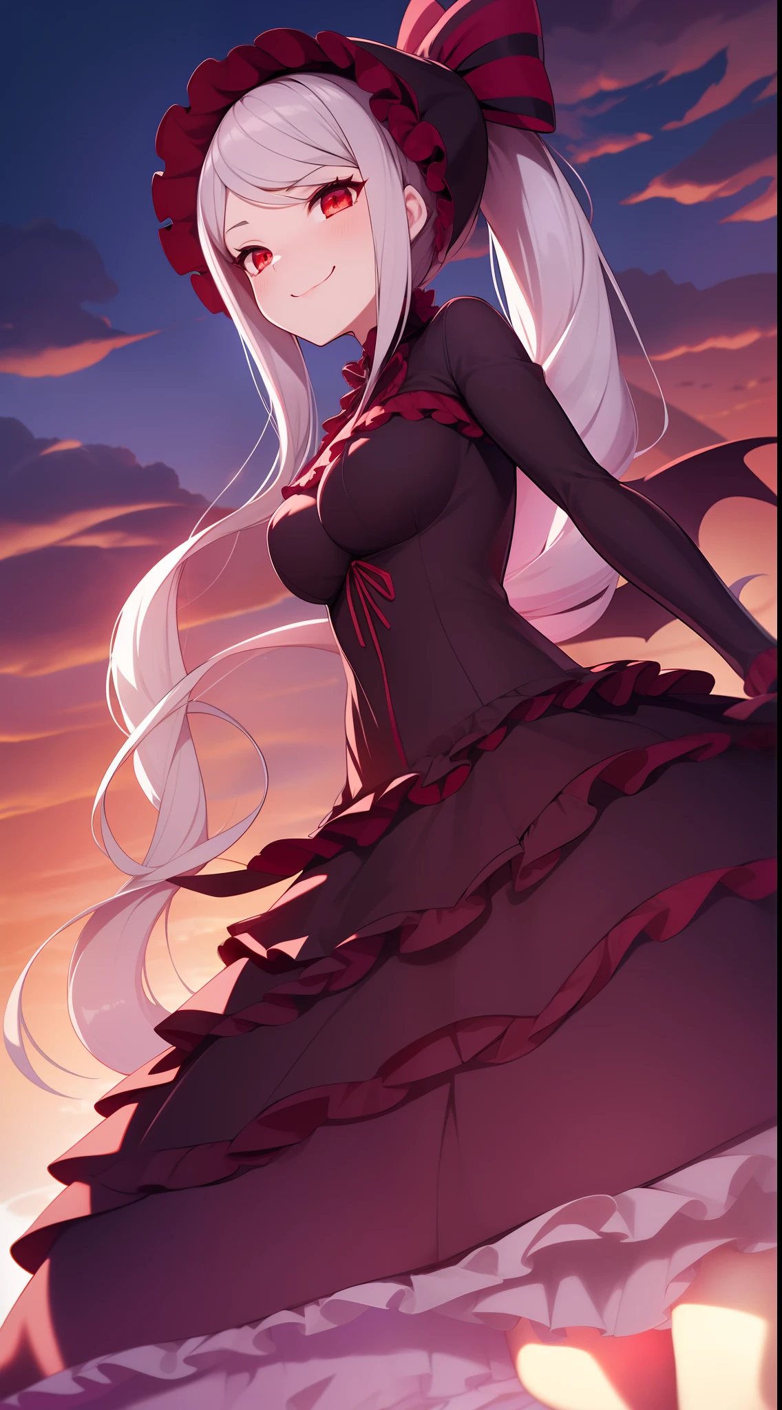 1girl, bat_(animal), bonnet, cloud, cloudy_sky, commentary, dress, forest, frills, from_below, full_body, gothic_ta, gown, loliashion, long_hair, looking_down, moon, nature, night, overlord_(maruyama), pale_skin, ponytail, red_eyes, red_moon, ribbon, shalltear_bloodfallen, silver_hair, sky, smile, tree, vampire, very_long_hair, wasabi60