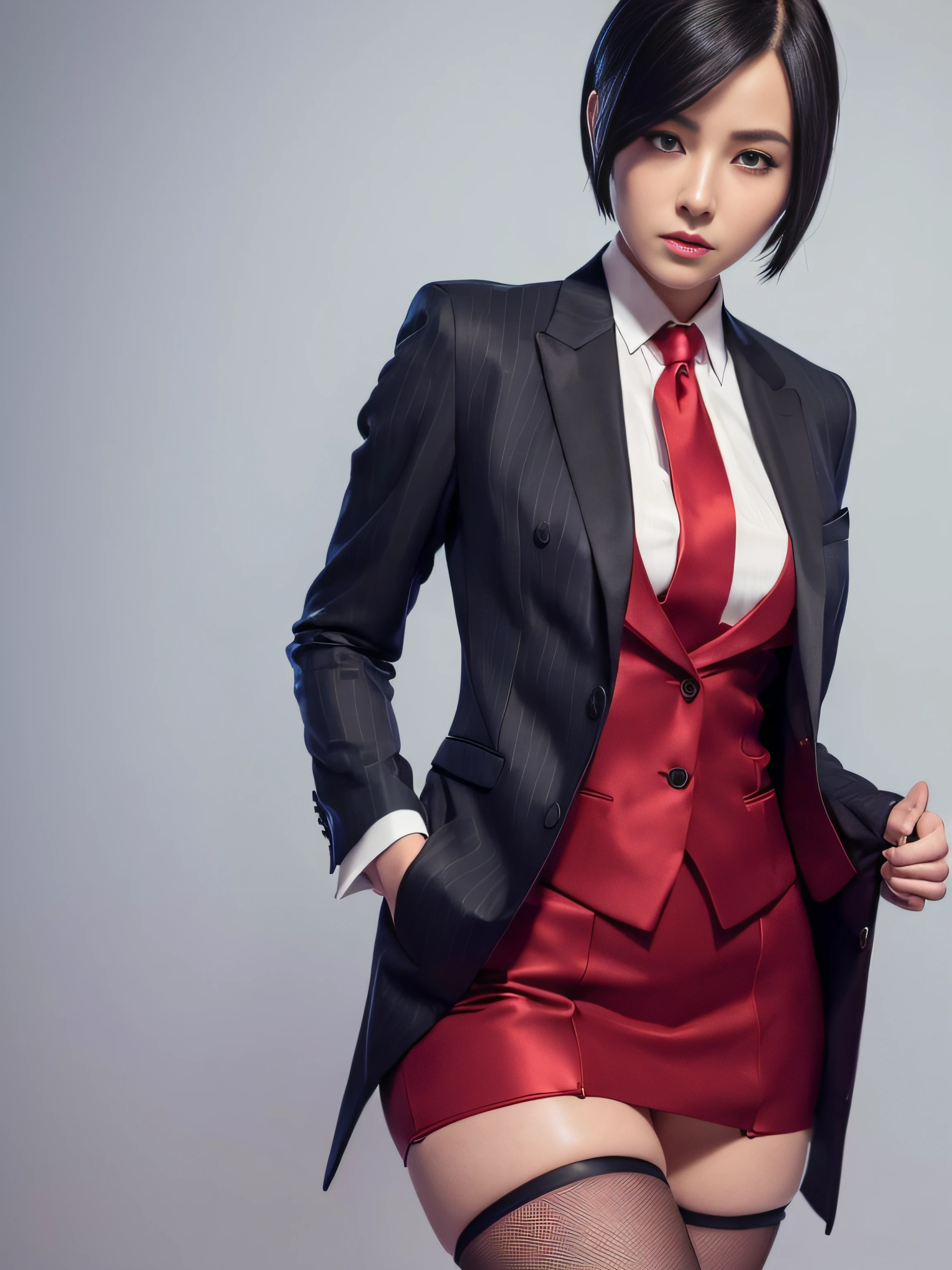 1 woman, ada wong, fully clothed, skirt suit, suit and tie, (((red three-piece suit))), silk dress shirt, shirt and tie, necktie, ((blazer)), ((suit jacket)) ((waistcoat)), bodycon miniskirt, pantyhose, tights, stockings, ((pinstripe suit)), high heels, tie clip, pocket square, tailored suit,
