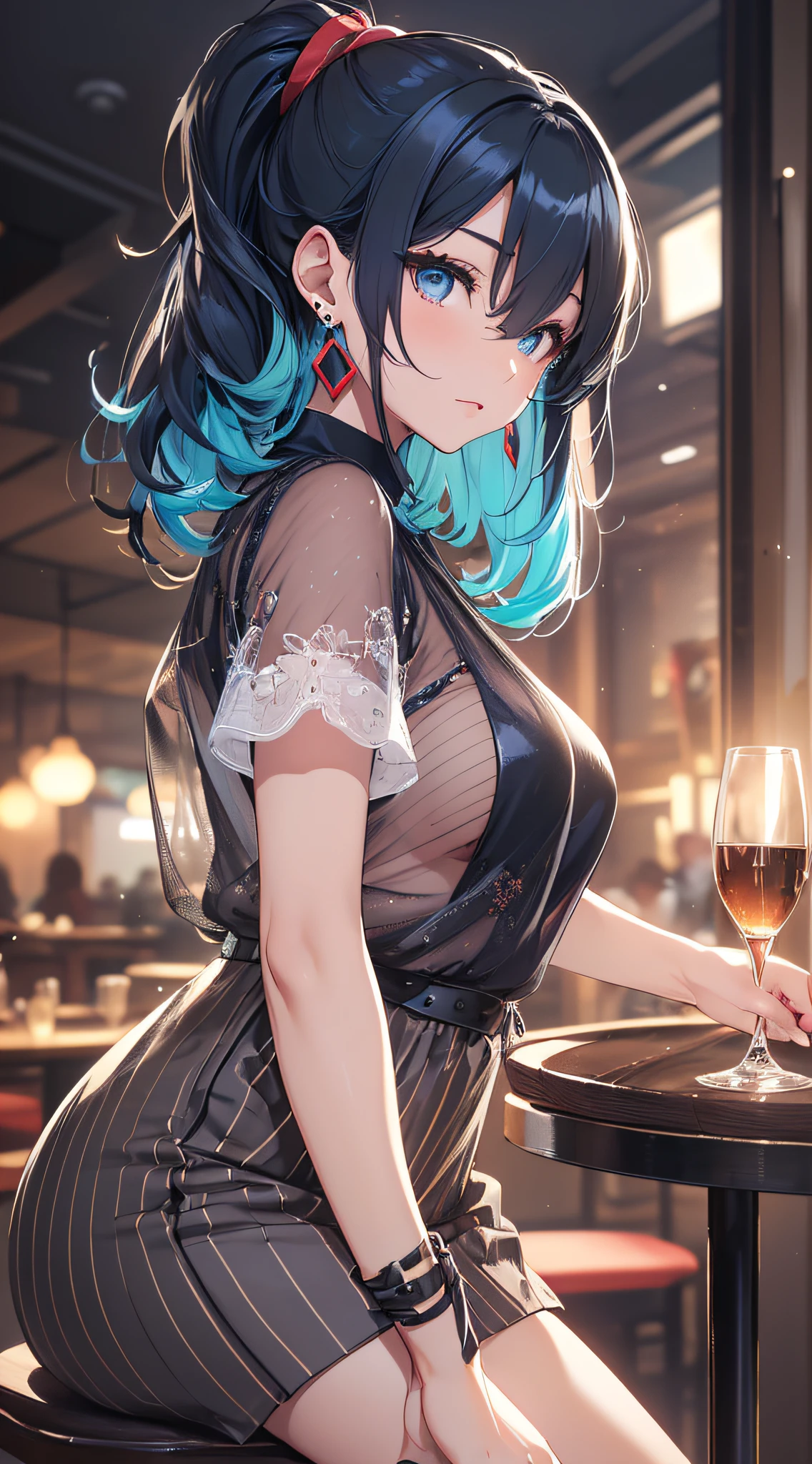 top-quality、Top image quality、masterpiece、girl with((cute little、18year old、Best Bust、Medium bust、Bust 85,Beautiful blue eyes、Breasts wide open,Black Short Sleeve T-Shirt、White see-through、Black short skirt、Ponytail with black hair、Beautiful blue earrings、A slender、Blue hair mesh、sit a chair、Meet your audience face-to-face、Leaning forward、Poses that emphasize breasts、Drunken face、Cheek cane))hiquality、Beautiful Art、Background with((Red and blue lighting、Stylish restaurant at night、Stylish table、White Wine Bottle、White Wine Glasses)),masutepiece、Elaborate design、visualart、depth of fields、The best lighting、highestdetailed、8k