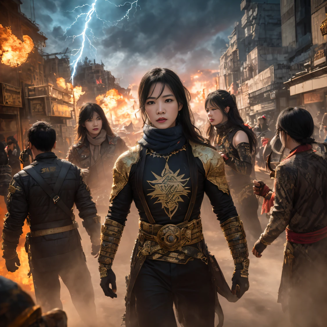 Doomsday ruins（废墟）Climb the streets（Armageddon）eyes filled with angry，He clenched his fists，Rush up，Deliver a fatal blow to your opponent，full bodyesbian，Full Body Male Mage 32K（Masterpiece Ultra HD）Long flowing black hair，Campsite size，zydink， The wounded lined up in the streets（Doomsday ruins）Climb the streets， The scene of the explosion（Doomsday waste）， （Linen batik scarf）， Angry fighting stance， looking at the ground， Batik linen bandana， Chinese python pattern long-sleeved garment， rainbowing（Abstract propylene splash：1.2）， Dark clouds lightning background，废墟（realisticlying：1.4），Black color hair，Flour fluttering，Telephoto lens high， A high resolution， the detail， RAW photogr， Sharp Re， Nikon D850 Film Stock Photo by Jefferies Lee 4 Kodak Portra 400 Camera F1.6 shots, Rich colors, ultra-realistic vivid textures, Dramatic lighting，8K quality, Girls，Backstreets， Dark clouds lightning background（realisticlying：1.4），Black color hair，， RAW photogr， Sharp Re， Nikon D850 Film Stock Photo by Jefferies Lee 4 Kodak Portra 400 Camera F1.6 shots, Rich colors, ultra-realistic vivid textures, Dramatic lighting, Unreal Engine Art Station Trend, cinestir 800（（（Crystal clear）））Full-body side