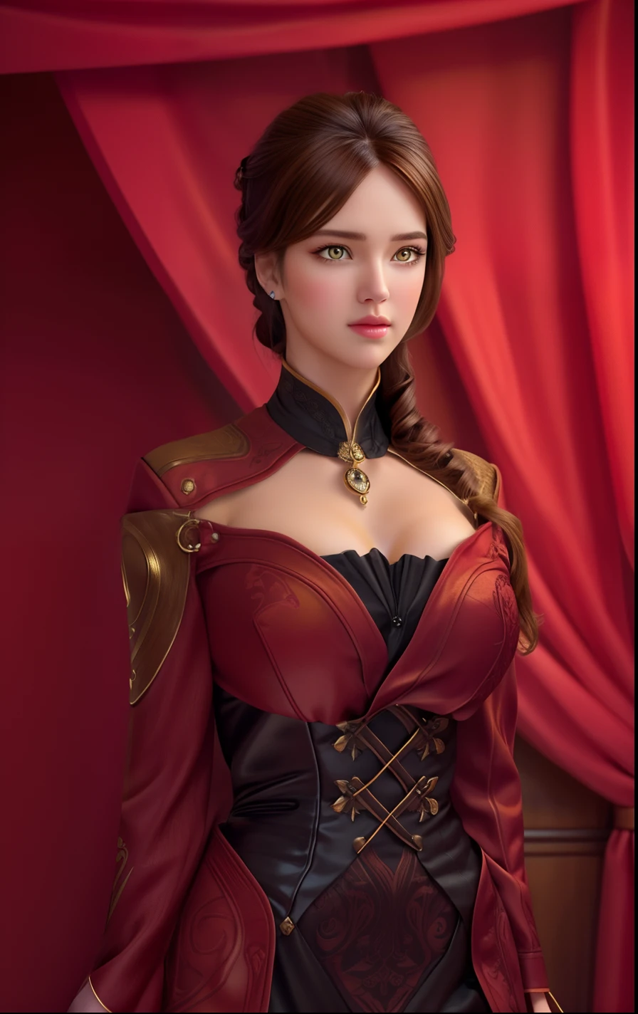 (hyperrealistic), (illustration), (high resolution), (8K), (extremely detailed), (best illustration), (beautiful detailed eyes), (best quality), (ultra-detailed), (masterpiece), (wallpaper), (photorealistic), (natural light), (rim lighting), (detailed face), (high detailed realistic skin texture), (anatomically correct), (solo), (1 girl), (high detailed realistic hair), (caramel hair:1.35), (heterochromic eyes), (detailed eyes), (yellow eyes:1.37), (sparkling eyes), (realistic big breasts:1.5), (exposed breasts:1.35), (long legs), (slender abs), (dynamic pose), (closed tiny mouth:1.3), nsfw, concentrated expression, red and black outfits