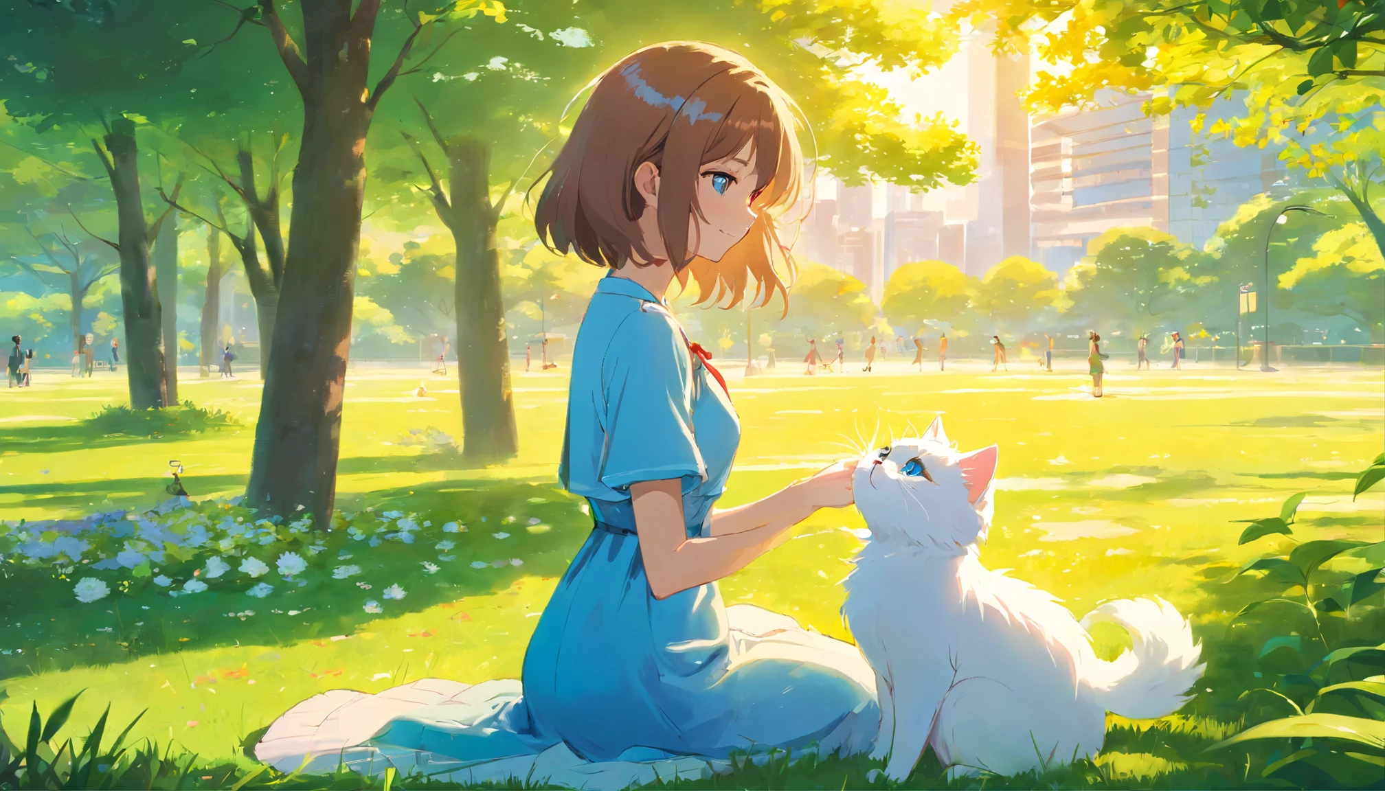 A full body backshot of a beautiful girl in a park with her cat, bathed in the warm sunlight. [Oil painting, vivid colors, highres, ultra-detailed] The girl has long flowing hair cascading down her back, and she wears a vibrant floral dress that reflects the colors of the blooming flowers around her. She has a gentle smile on her face as she gently strokes her cat, which is a fluffy, white Persian cat with striking blue eyes. The cat is sitting contently in her arms, enjoying the peaceful ambiance of the park. The park itself is filled with lush green grass, towering trees, and colorful flowers in full bloom. The sky above is a clear, bright blue, with fluffy white clouds floating gently by. The sunlight filters through the trees, creating beautiful dappling patterns on the girl's hair and the grass. The scene is filled with tranquility and the joy of being surrounded by nature.