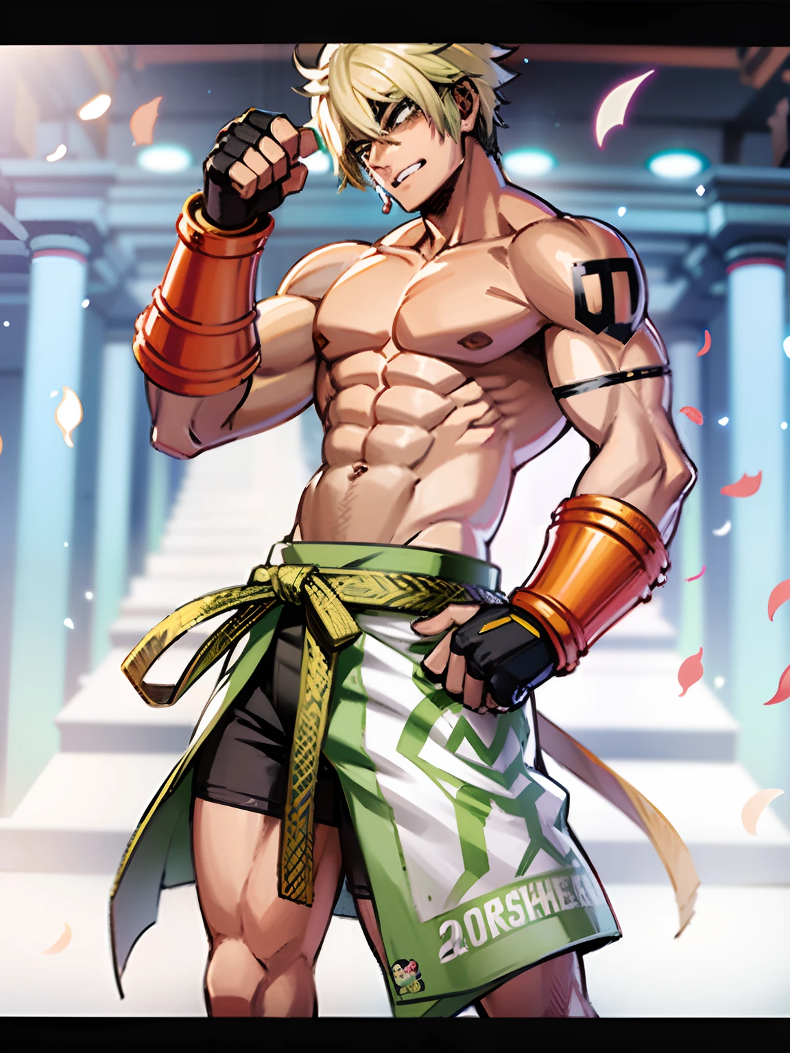 personagem de anime com um corpo musculoso e um cinto, cabelo verde, musculoso!!, Furio Tetesschi, Personagem de King of Fighters, musculoso!, Makoto, pose de bolo de carne, como personagem em tekken, personagem de jogo de luta, Daigo Ikeno, Pose de lutador, Okita Sougo, musculoso!!!, Arte de Ryuta Ueda, Makoto Shinka