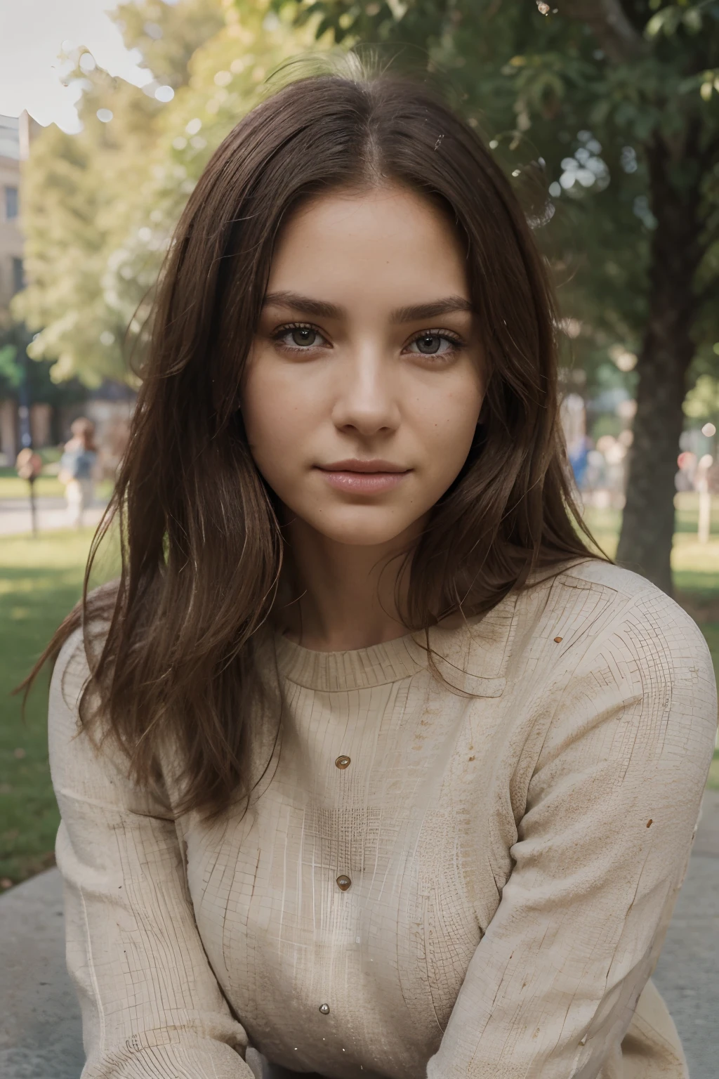 Beautiful dark blonde in beige sweater sitting in a park, Very detailed, 21 years old, Innocent face, Natural hair, gorgeous eyes, High resolution, mastepiece, Best Quality, Intricate details, Highly detailed, Sharp Focus, Detailed skin, Realistic skin texture, skin blemishes, Texture, Detailed eyes, Professional, 4K, Charming smile, Shallow depth of field, Perfect Fit Body, Extremely detailed, a picture_\(Ultras\), Photorealistic, Realistic, Post-processing, Maximum Detail, Roughness, Real life, A hyper-realistic, realistic live eyes, Photorealism, Photography, Sunny weather, shot with a Canon EF 24-70mm f/2.8L II USM lens