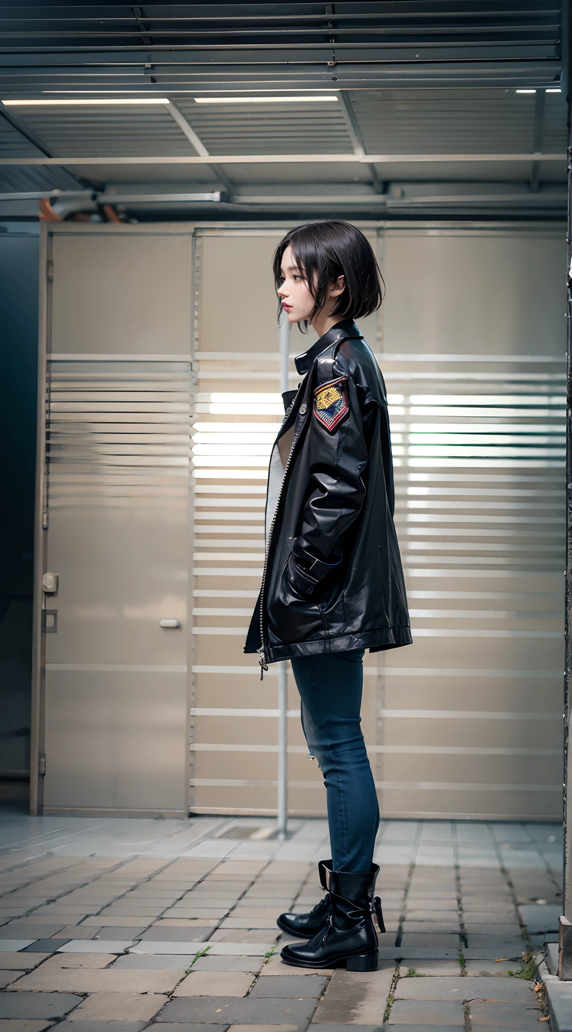 Military jacket, Black Long Skinny Jeans, damage jeans, smoking tobacco, crouching down, (The FW), 1womanl, 独奏, 24 year old, 7headed body, (Ideal ratio body proportions), (Composition from head to thigh), erectile nipple, Sexy body, Wet, short-hair, A dark-haired, small tits, A slender, Small buttocks, beauty legs, Skinny Legs, surrealism, Cinematic lighting, depth of fields, One-person viewpoint, F/1.8, 135 mm, nffsw, masutepiece, ccurate, ((Anatomically correct)), Textured skin, Super Detail, high details, High quality, awardwinning, Best Quality, hight resolution, 8K