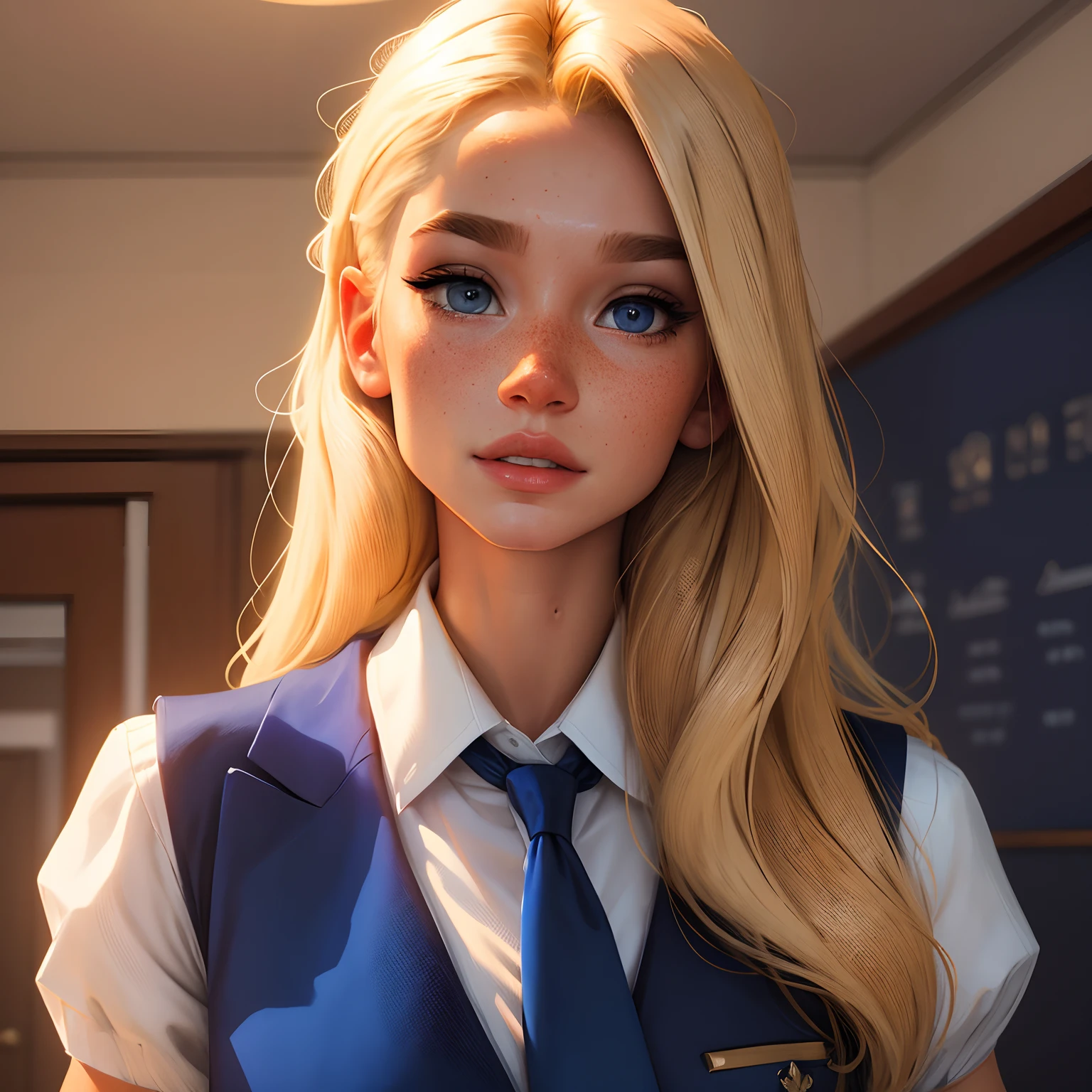 a blonde with freckles with a very attractive body , wearing a fancy royal blue school uniform , Portair HD