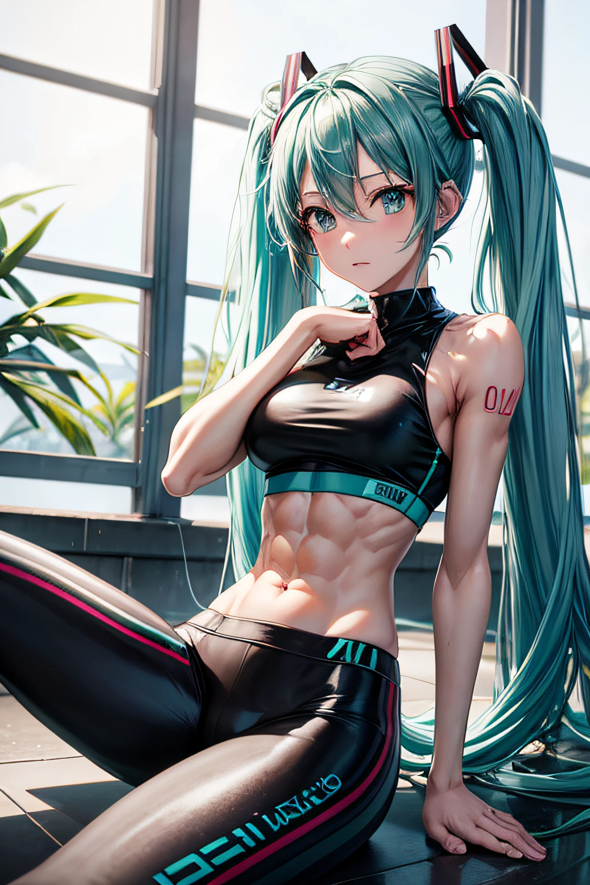 Hatsune miku, six pack abs, muscle arms, sport bra, sport leggins
