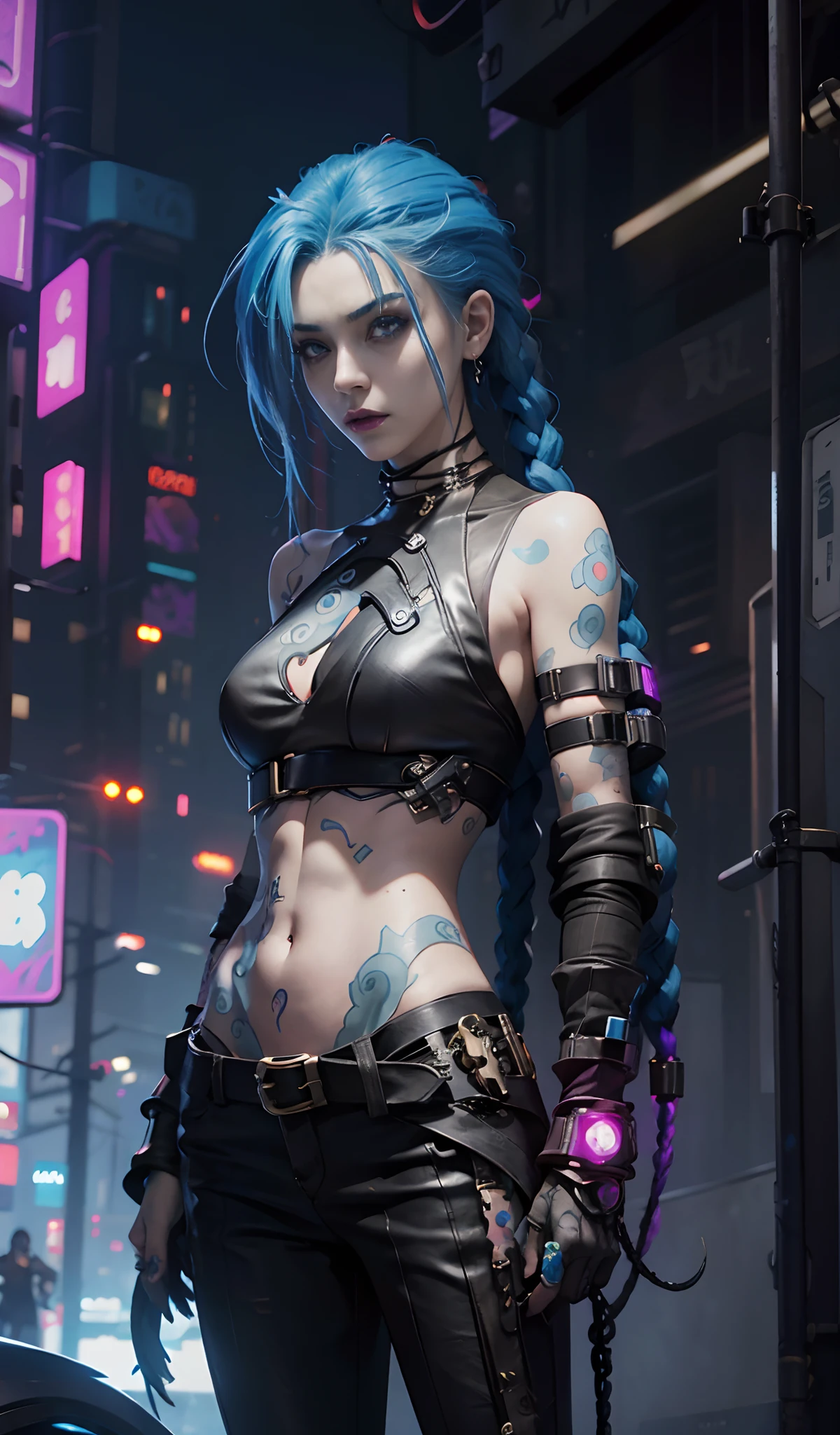jinx arcane, a woman with blue hair and tattoos, cyberpunk woman anime woman, pants, beautiful angry cyberpunk goddess, cyberpunk art style, cyberpunk anime digital art, cyberpunk anime art, Arcane Jinx Portrait, cyberpunk anime art, cyberpunk themed art, cyberpunk dark fantasy
