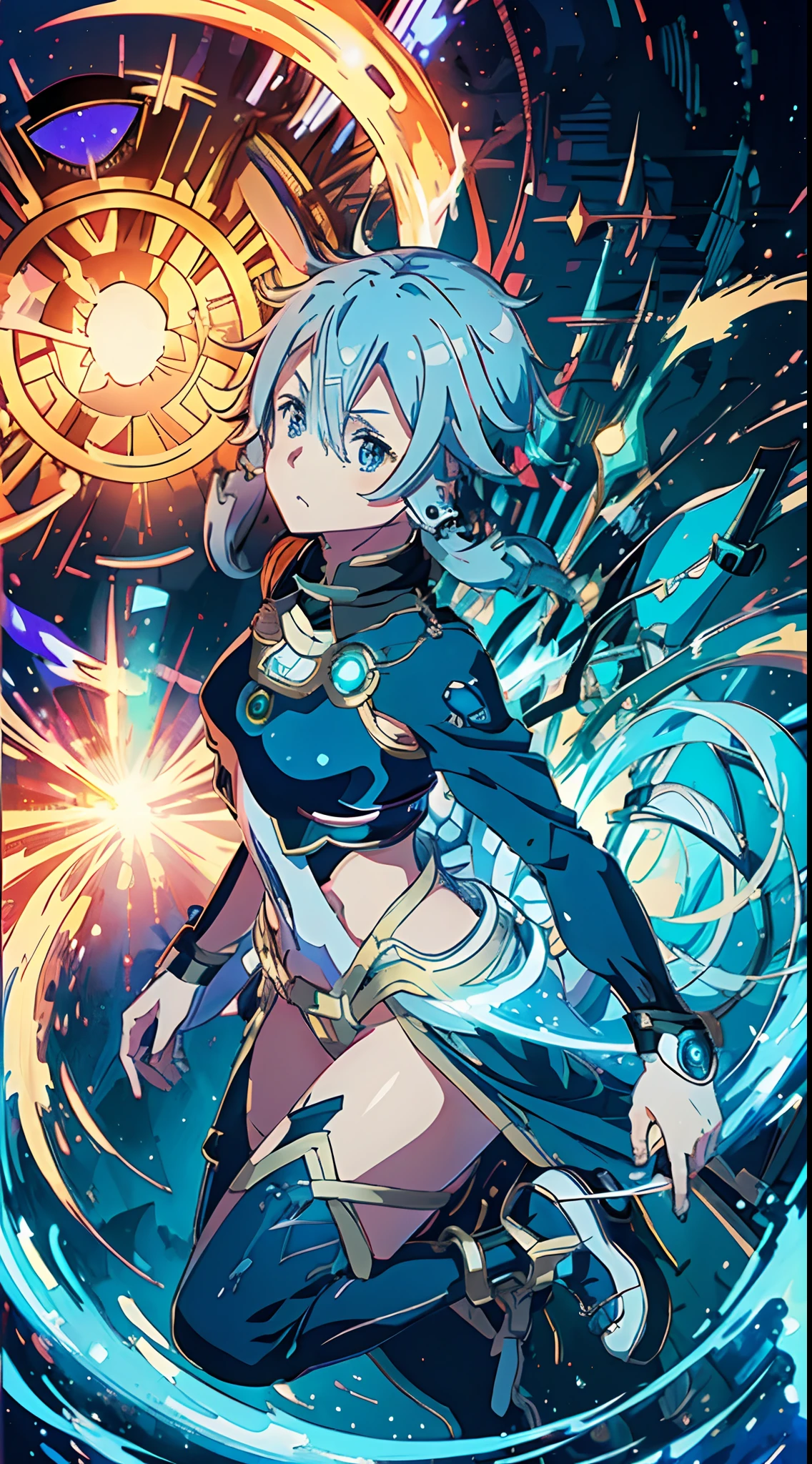 (random pose), ((High res, high quality, masterpiece, intricate detail, Best Shadow)), (front view:1.5), (symmetrical view:1.5), ((depth of fields)), master of draw, colorfull, focus female (1girl), a women with light blue hair and wearing silver armor and dark blue clothing, hair between eyes, Sinon Solus, Sinon, Sinon Solus from Sword Art Online, anime girl, aura and magic particles, flying, underworld background, detailed eyes, beautiful blue eyes, ultra detail, absurd, abstract, cinematic, cinematic light, Ultra HD 8K, 2D