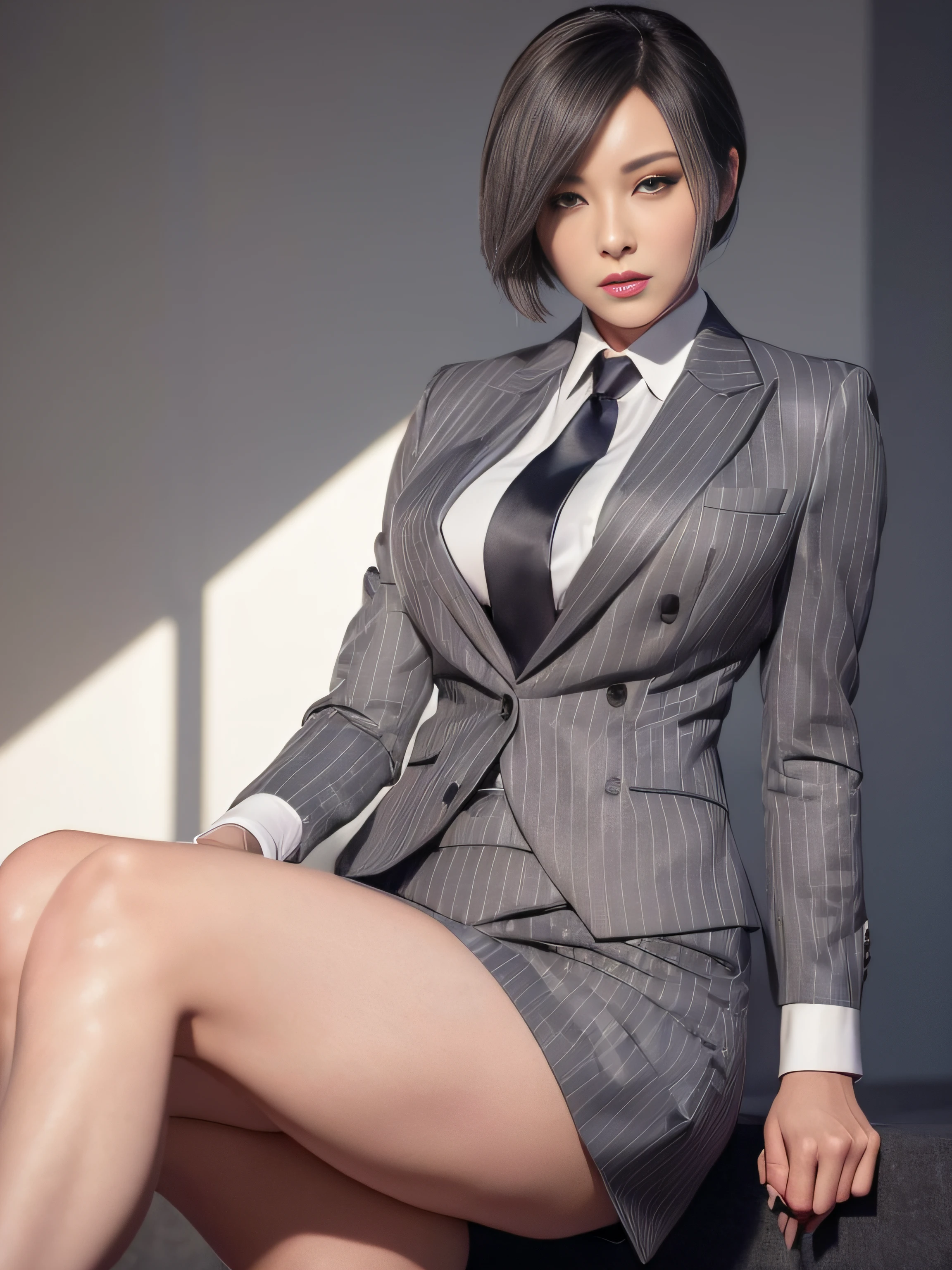 1 woman, ada wong, fully clothed, skirt suit, suit and tie, (((grey three-piece suit))), silk dress shirt, shirt and tie, necktie, ((blazer)), ((suit jacket)) ((waistcoat)), bodycon miniskirt, pantyhose, tights, stockings, ((pinstripe suit)), high heels, tie clip, cufflinks, pocket square, tailored suit,