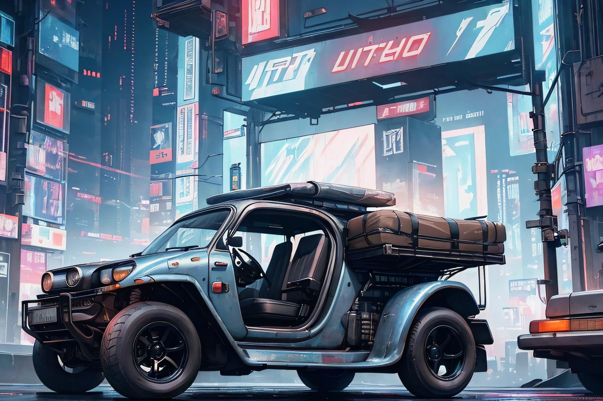 (at late night:1.3), , (detailed beautiful skin textures, detailed beautiful face, ultra detailed clothing textures), , (Cyberpunk:1.4), , (an ultra detailedfour-wheeled and long bonnet tuk-tuk with load on roof carrier and eear loading platform with luggage on it and letter-tyres), , (3/4 front view, The car is in the center of the frame), , (at parking area, at ultra detailed Night City of Cyberpunk), (All cars are classic cars with cyberpunk custumed), , (softlighting), , (masterpiece, best quality:1.4, 8k, ultra detailed, illustration, distinct_image, intricate_details, delicate illustration), (realistic:0.15),