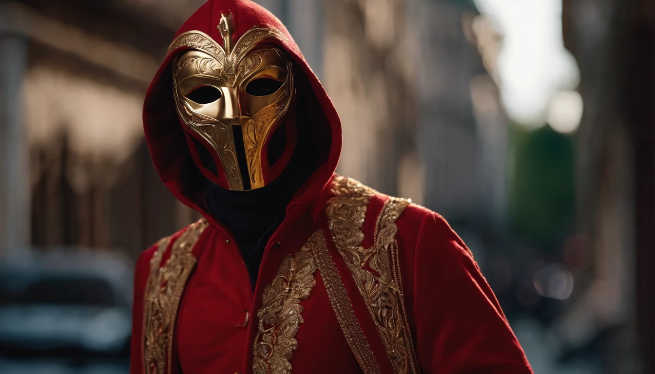 a man wearing a gold mask and a red jacket, anamorphic lenses. high quality, cloth sim, hooded figure, marvel style, shooting, detailed product photo,