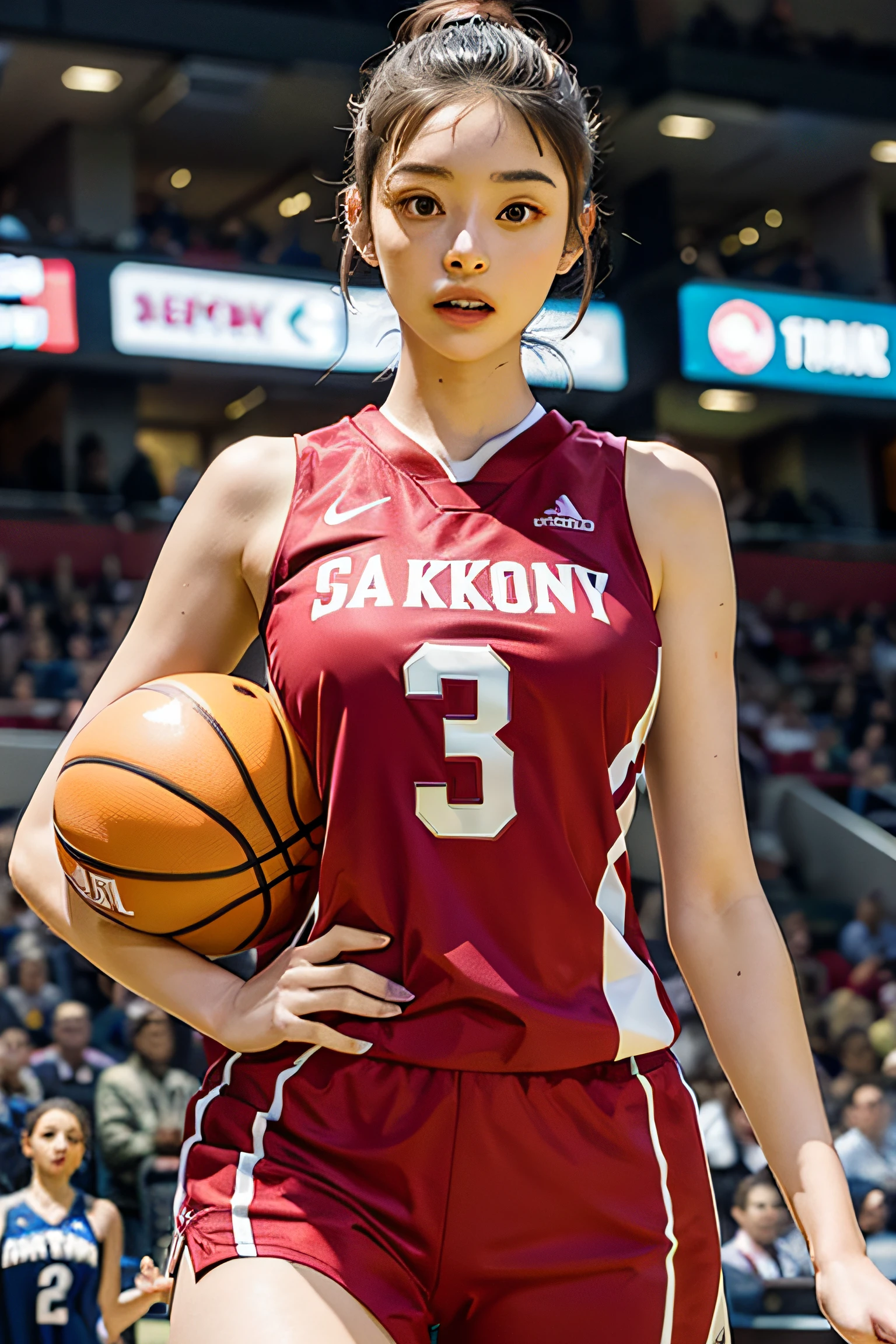 Sarada, short hair, hairband, black eyes, beautiful, gorgeous woman, perfect body, scoreland, perfect breasts, (((thick thighs))), wearing a basketball jersey, on the basketball court, holding a basketball