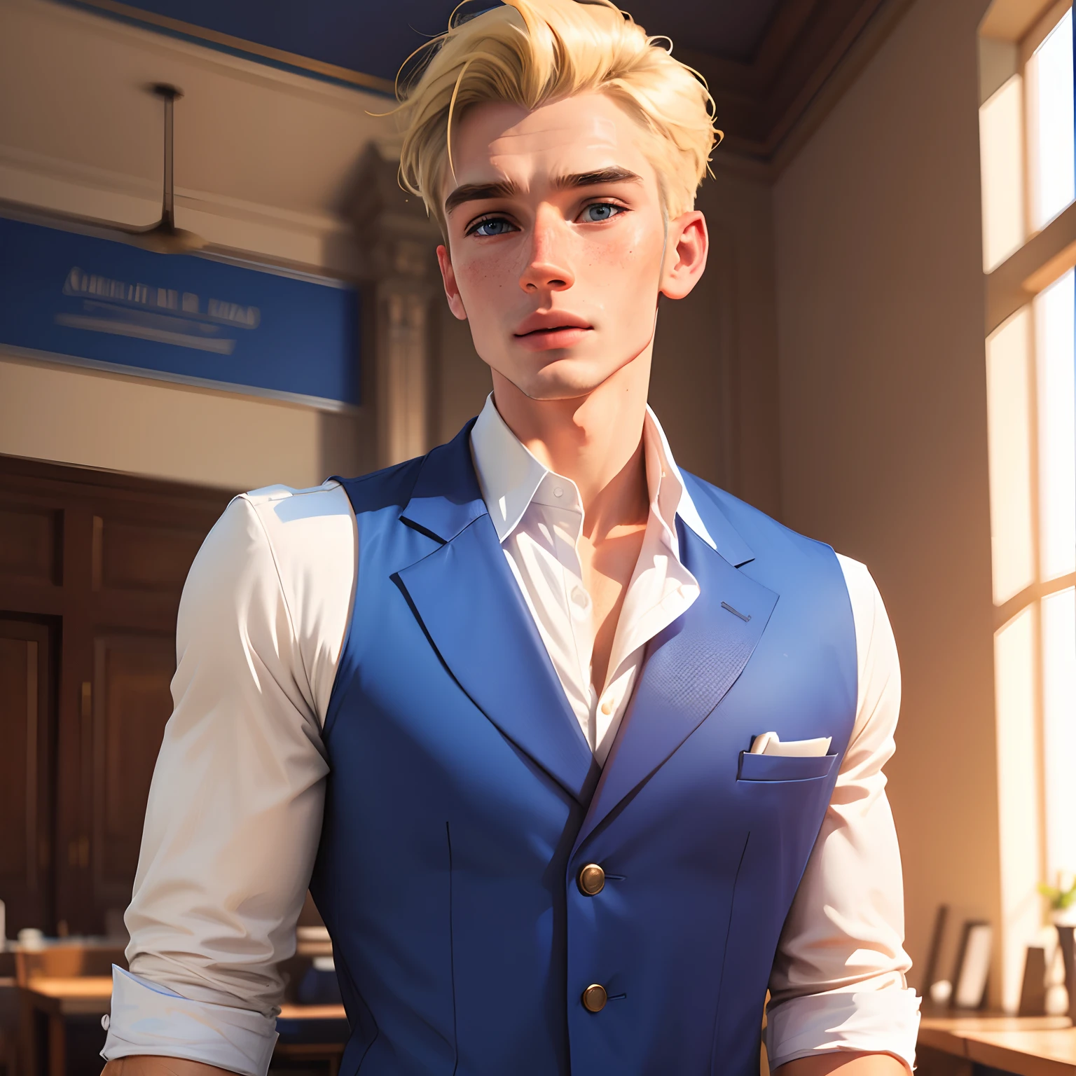 a blonde man with freckles with a very attractive body , wearing a fancy royal blue school uniform , Portair HD