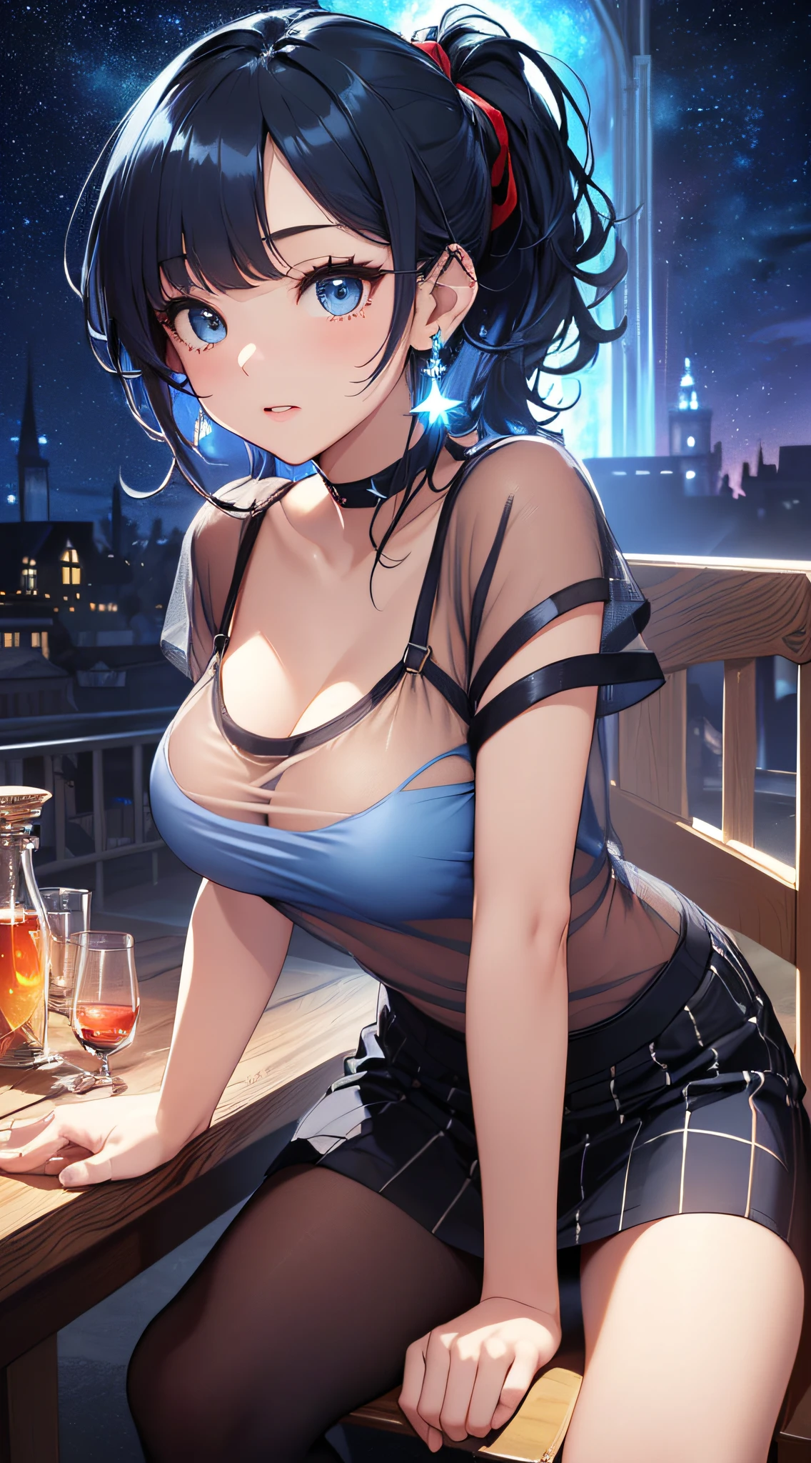 top-quality、Top image quality、​masterpiece、girl with((cute little、18year old、Best Bust、Medium bust、Bust 85,Beautiful blue eyes、Breasts wide open,Black Short Sleeve T-Shirt、White see-through、Black short skirt、Ponytail with black hair、Beautiful blue earrings、A slender、Blue hair mesh、sit a chair、Leaning forward、Poses that emphasize breasts、Drunk、Wandering、Being drunk)）hiquality、Beautiful Art、Background with((Red and blue lighting、Planetarium town、Beautiful starry sky、Illumination Town)),masutepiece、Elaborate design、visualart、depth of fields、The best lighting、highestdetailed、8ｋ