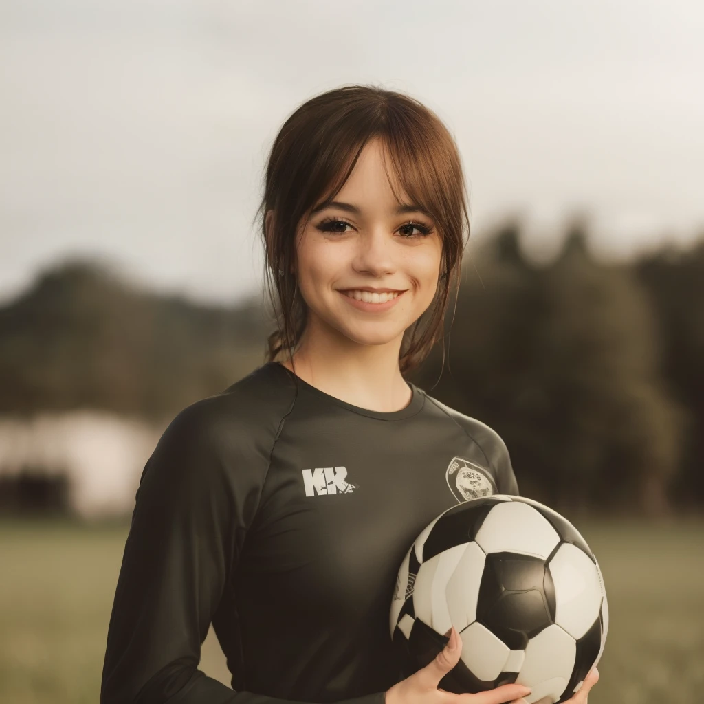 RAW-Foto, a portrait photo of a smiling JennaO woman in tight sports clothes, Play soccer, Football pitch (Hochdetailliertes Fell:1.2), 8K UHD, DSLR, Sanftes Licht, High quality, Filmkorn, Fujifilm XT3