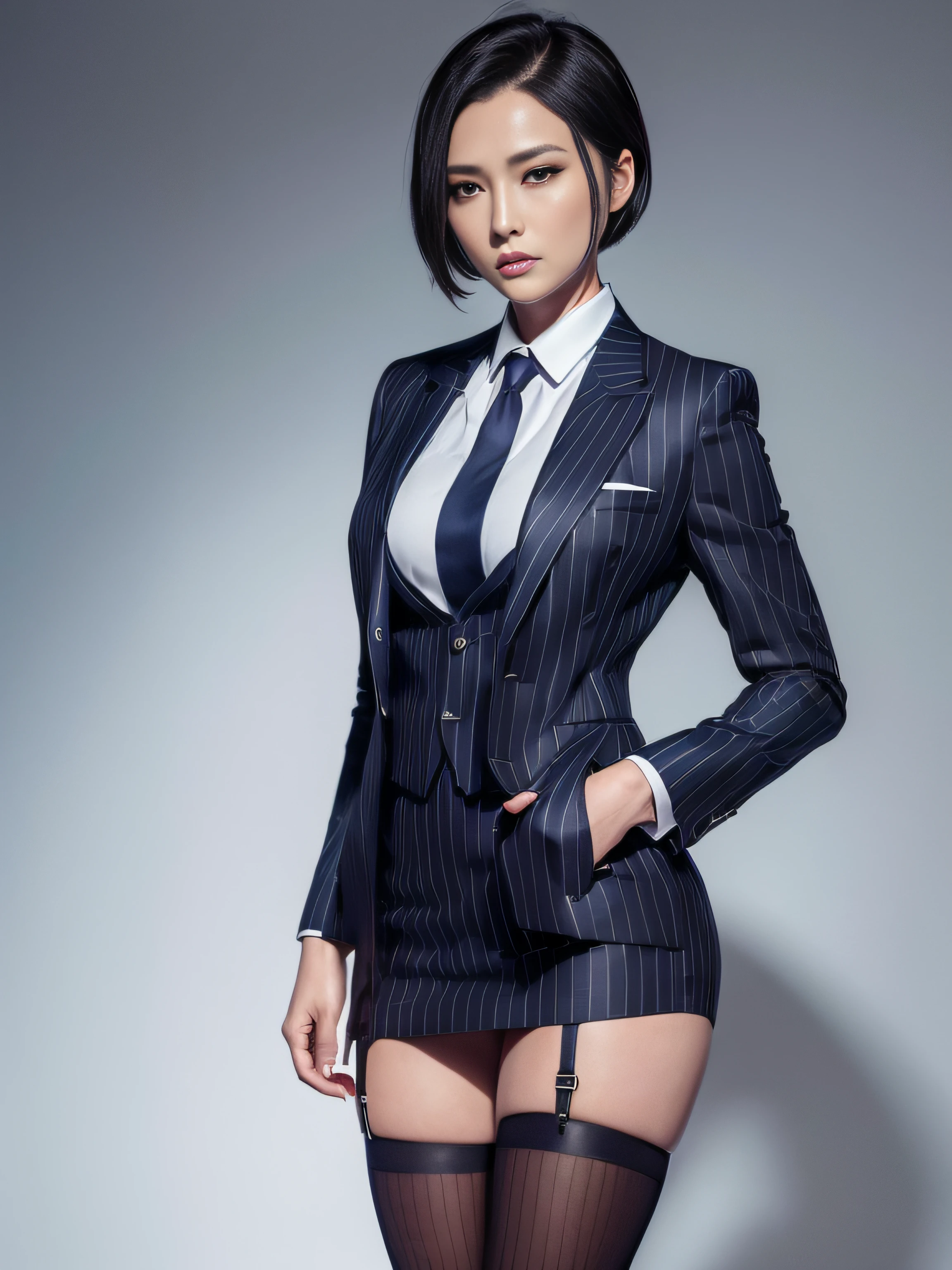 1 woman, ada wong, fully clothed, skirt suit, suit and tie, (((navy three-piece suit))), silk dress shirt, shirt and tie, necktie, ((blazer)), ((suit jacket)) ((waistcoat)), bodycon miniskirt, pantyhose, tights, stockings, ((pinstripe suit)), high heels, tie clip, cufflinks, pocket square, tailored suit,