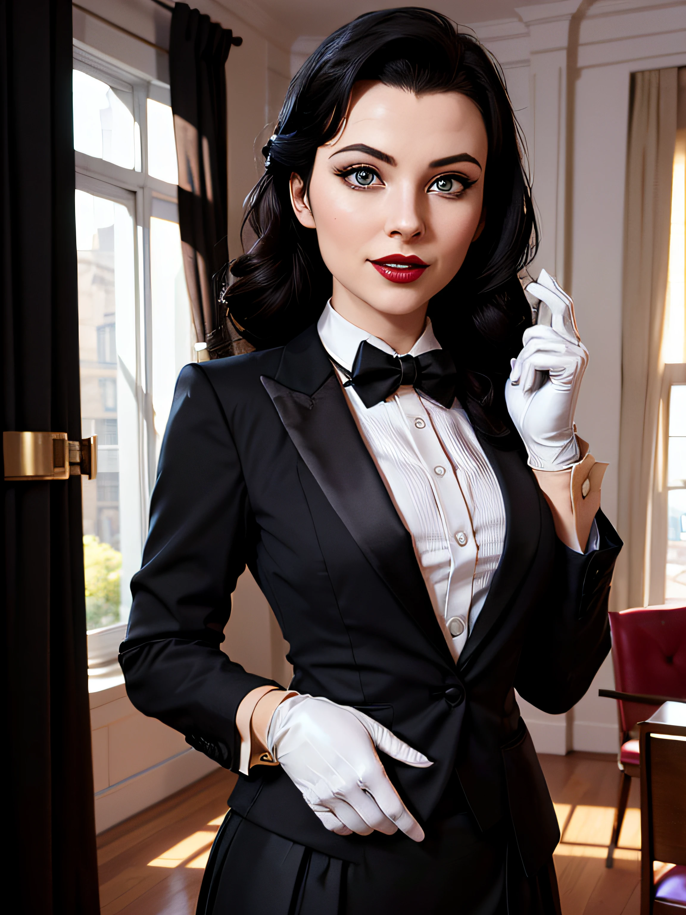 Elizabeth comstock, Portrait, smiling a viewer, (dessous), red lipstick, at detectives office, noire (8k, RAW photo, best quality, masterpiece:1.2),ultra-detailed, (high detailed skin:1.2), 8k uhd, dslr, soft lighting, high quality, fully clothed, pencil skirt, (((bowtie))), (((tuxedo))), (((skirt suit))), (((white gloves))), (((blazer))), (((dinner jacket))), (((waistcoat))), (((black tuxedo))), 1 girl,