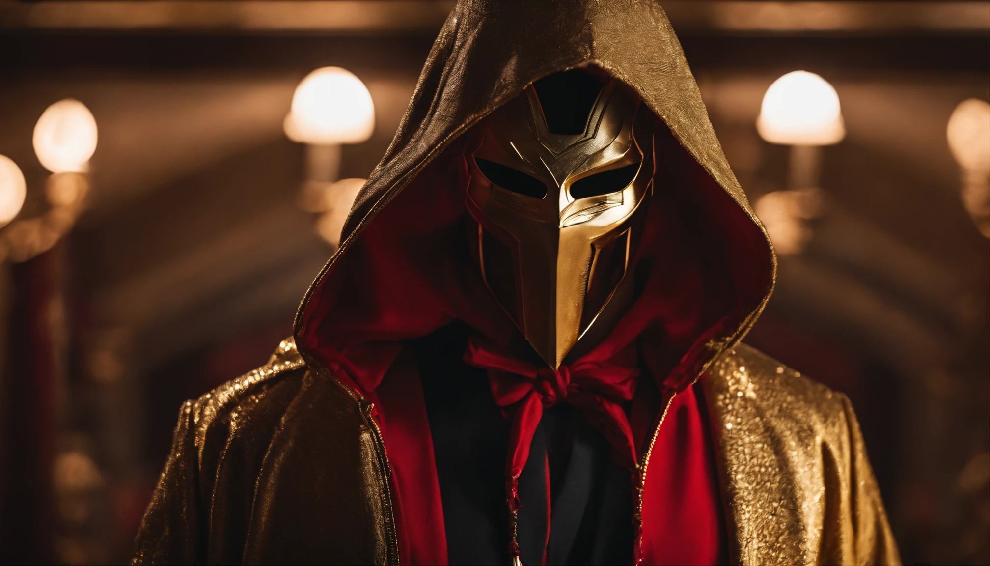 a man wearing a gold mask and a red jacket, anamorphic lenses. high quality, cloth sim, hooded figure, marvel style, shooting, detailed product photo,