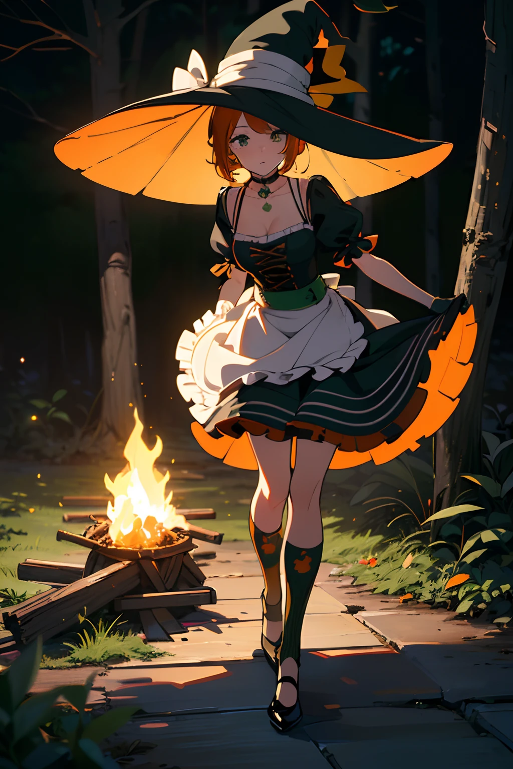 (masterpiece, best quality), (finely detailed beautiful eyes), (finely detailed eyes and detailed face), (scenery: 1.2), (extremely detailed CG, ultra-detailed, best shadow), beautiful concept illustration, (illustration), (extremely fine and beautiful), (perfect details), (depth of field), midele wide shot,
BREAK (Jack-o'-Lantern), 1 elf girl, solo, little person, elf ears, huge breast, (orange and deep-green theme:1.2), (fusion of witch costume and dirndl:1.3), (black theme:1.1), ((black witch-hat, black pointy hat) with ribbon:1.4), (orange apron over skirt:1.4), (deep-green (ruffle-skirt, multilayer-skirt):1.4), ((bustier, waist cincher):1.3), (white short puff-sleeve:1.3), (deep-green and orange striped-pattern over-knee-socks:1.3), ((black evening-glove, choker, frills):1.2), (black High-heels:1.1), (Halloween print on apron:1.3),
BREAK (night time:1.2), (big bonfire), (outdoors), (dark forest in the background:1.2), The gentle rustling of leaves in the breeze provided a soothing soundtrack to the serene dark forest ambiance, dynamic pose