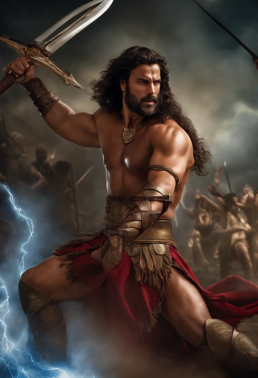 Generate an image that captures the epic Samson moment busting strings, and show Samson in the middle of a battle.