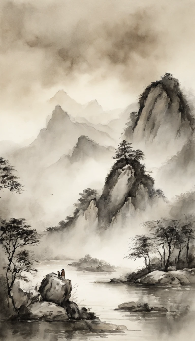 Chinese landscape painting，ink and watercolor painting，water ink，ink，Smudge，Faraway view，Ultra-wide viewing angle A man of about 35 years old, Light dark black hair, Very short, shaved pubic hair, Brown eyes, Physical constitution unknown, Height 17８, lbeard, Abdominal muscle hair，White swimming briefs, Wash with your hands high，There are small protrusions in the abdomen, Chest and abdomen and hairy abdomen, The shoulders and legs are a bit bulky, Beautiful smile
