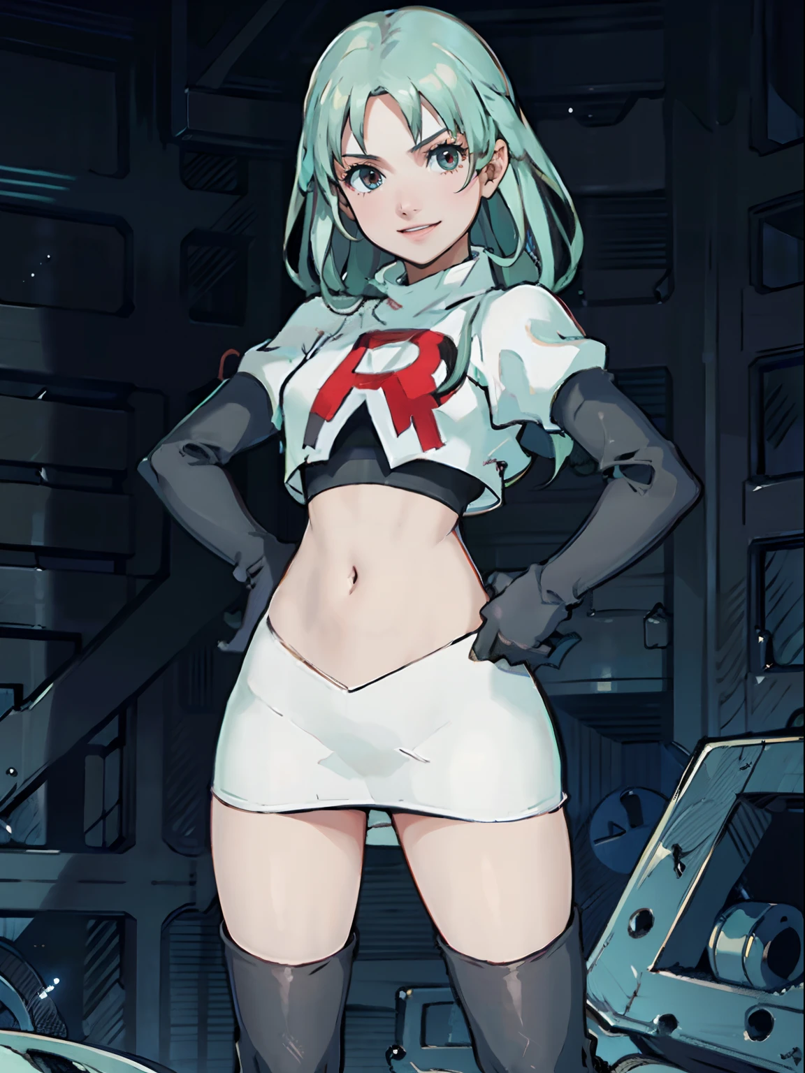 face of palla_echoes,1girl,team rocket,team rocket uniform, red letter R, white skirt,white crop top,black thigh-highs,black elbow gloves, evil smile, hands on hips